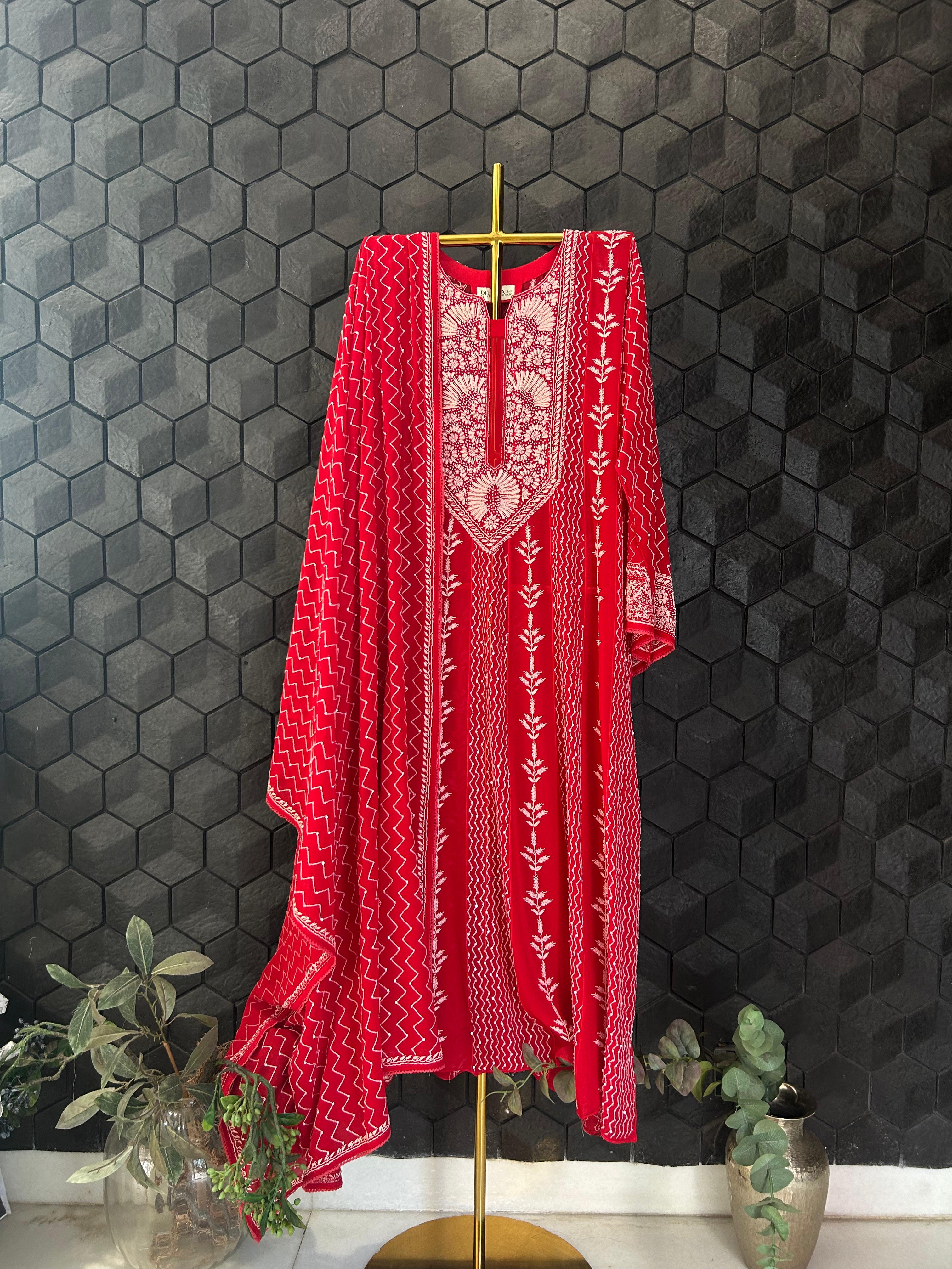 Red Georgette Chikankari Kurta Set