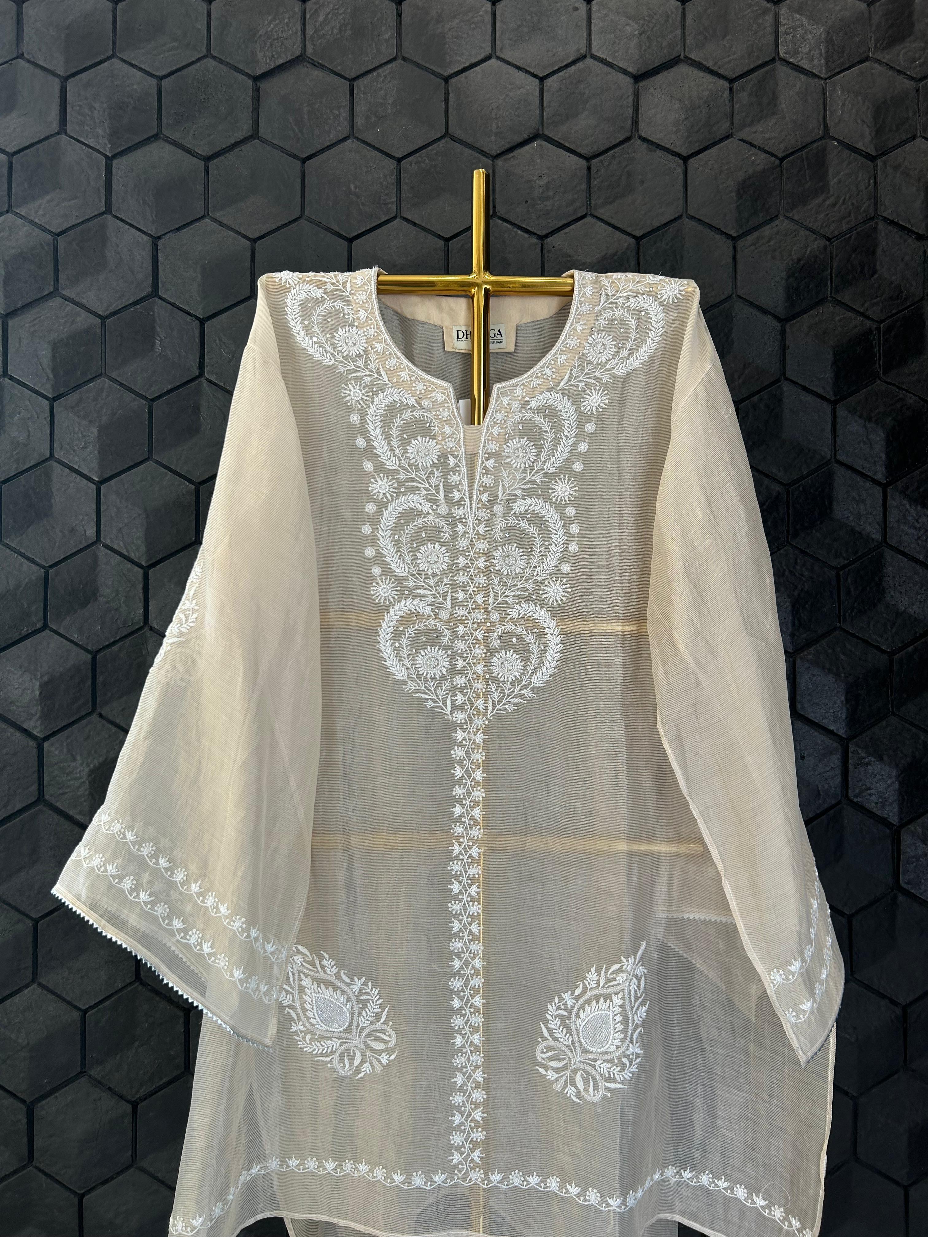 Beige Striped Tissue Chikankari Co-ord Set