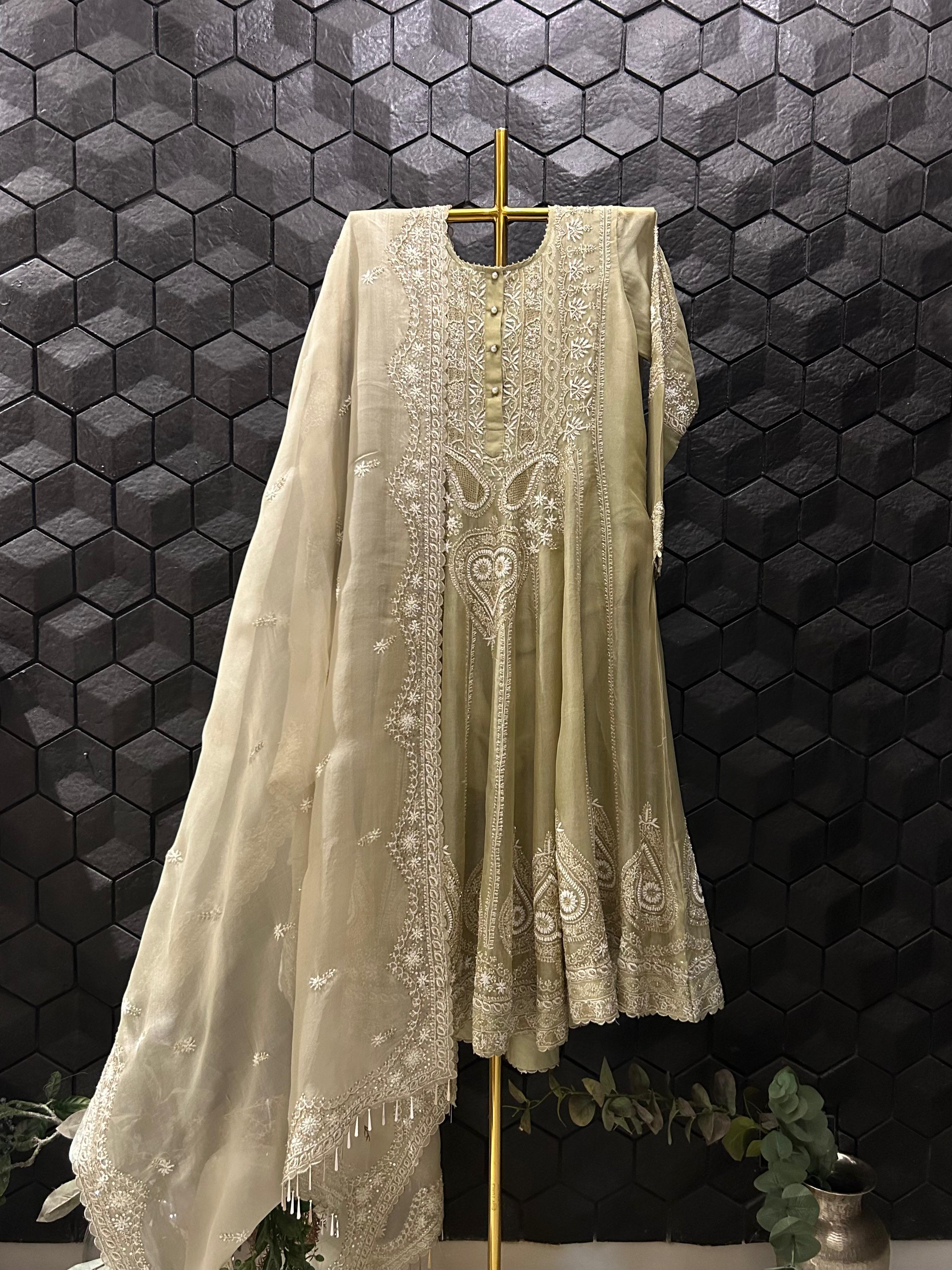 Green Organza Chikankari Anarkali Set