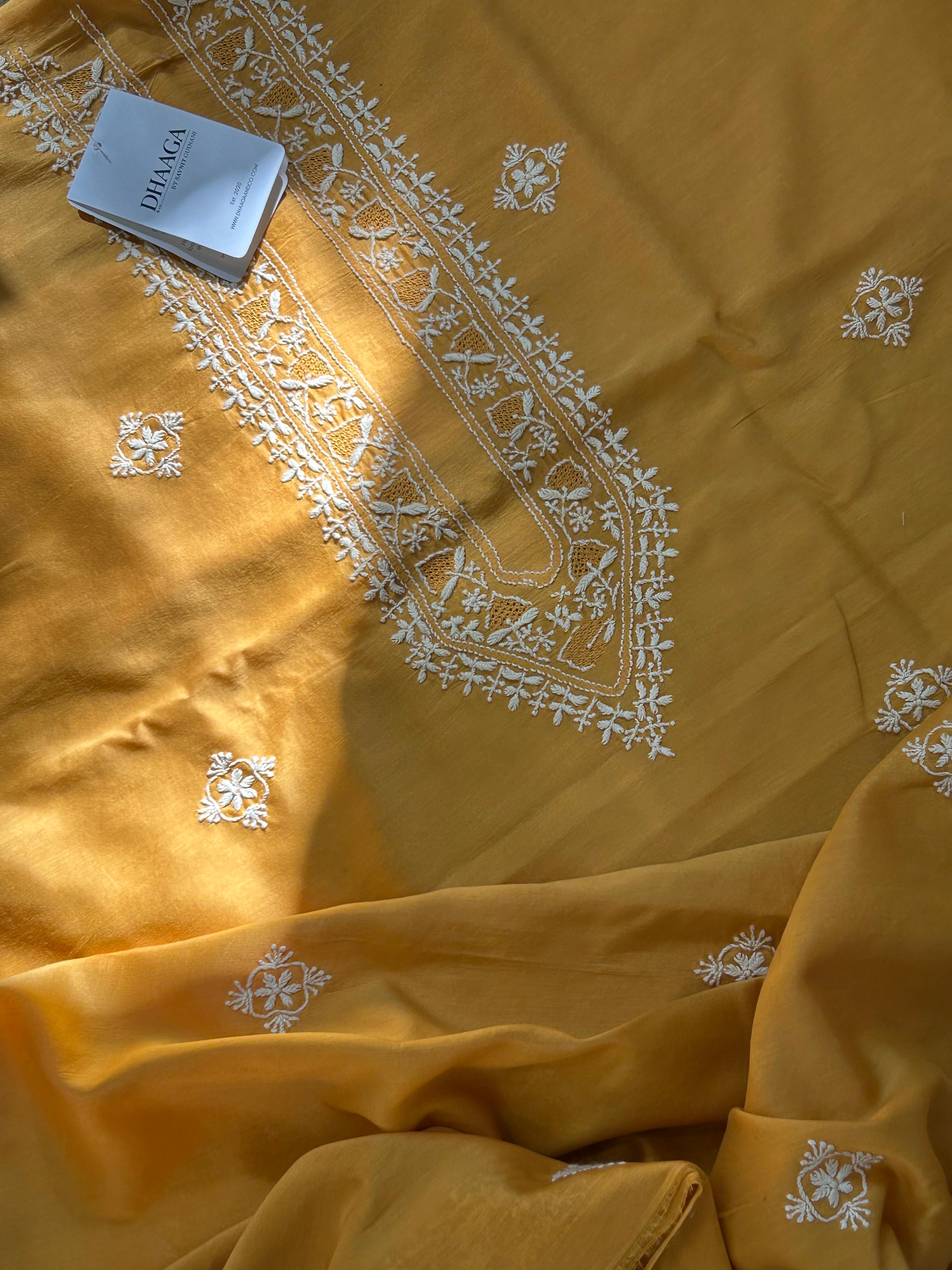 Mustard chanderi chikankari mens kurta