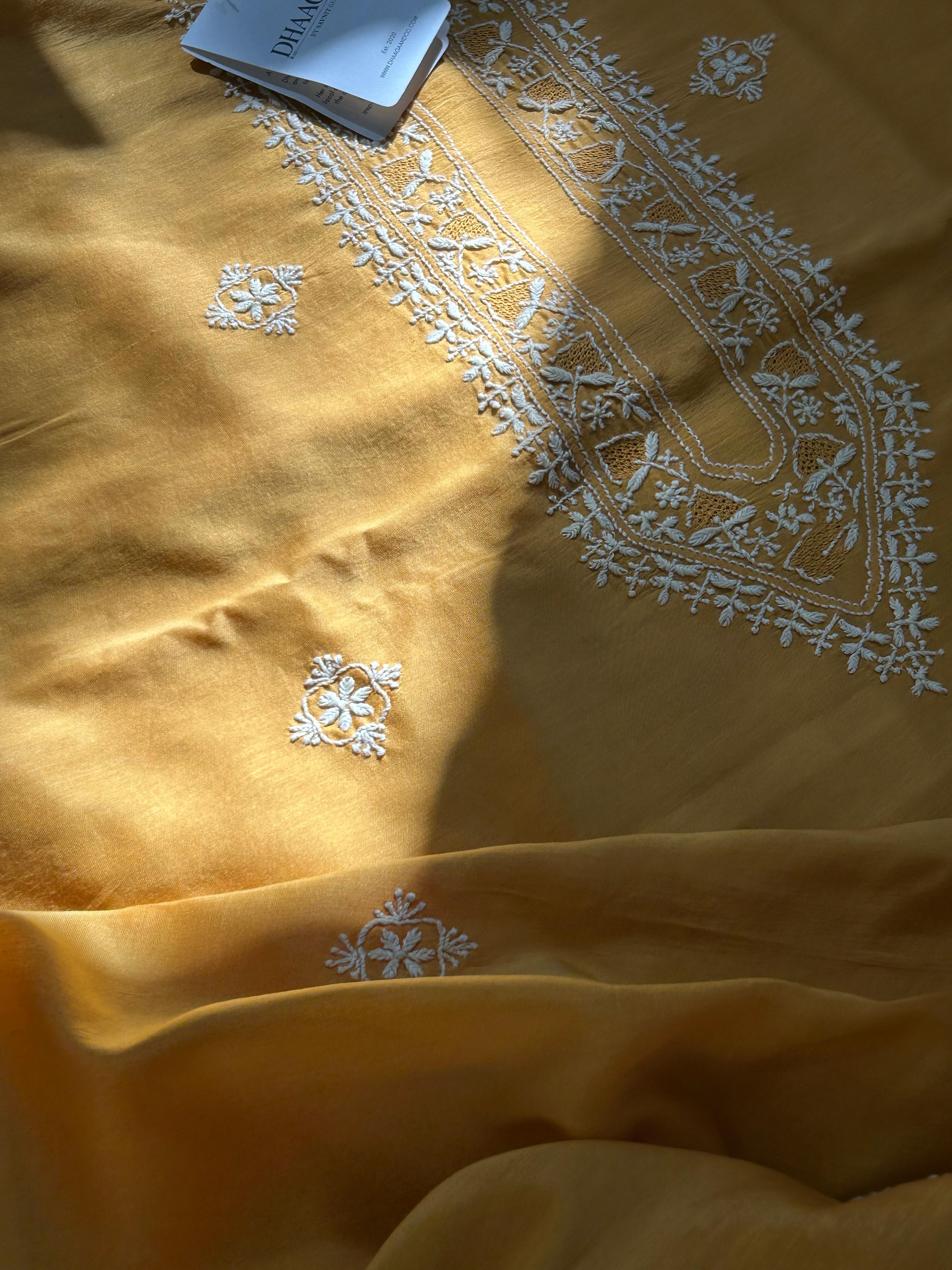 Mustard chanderi chikankari mens kurta