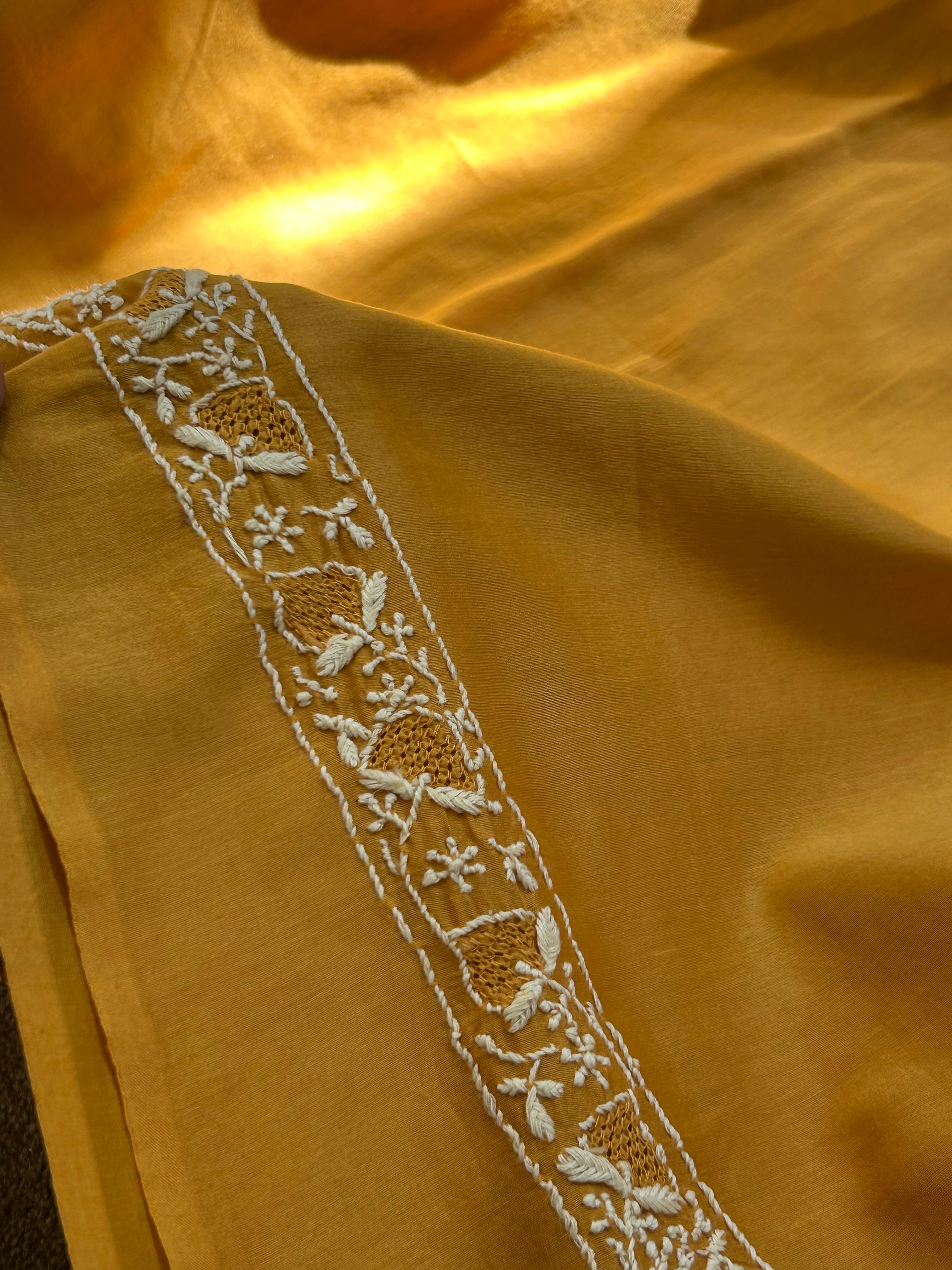 Mustard chanderi chikankari mens kurta