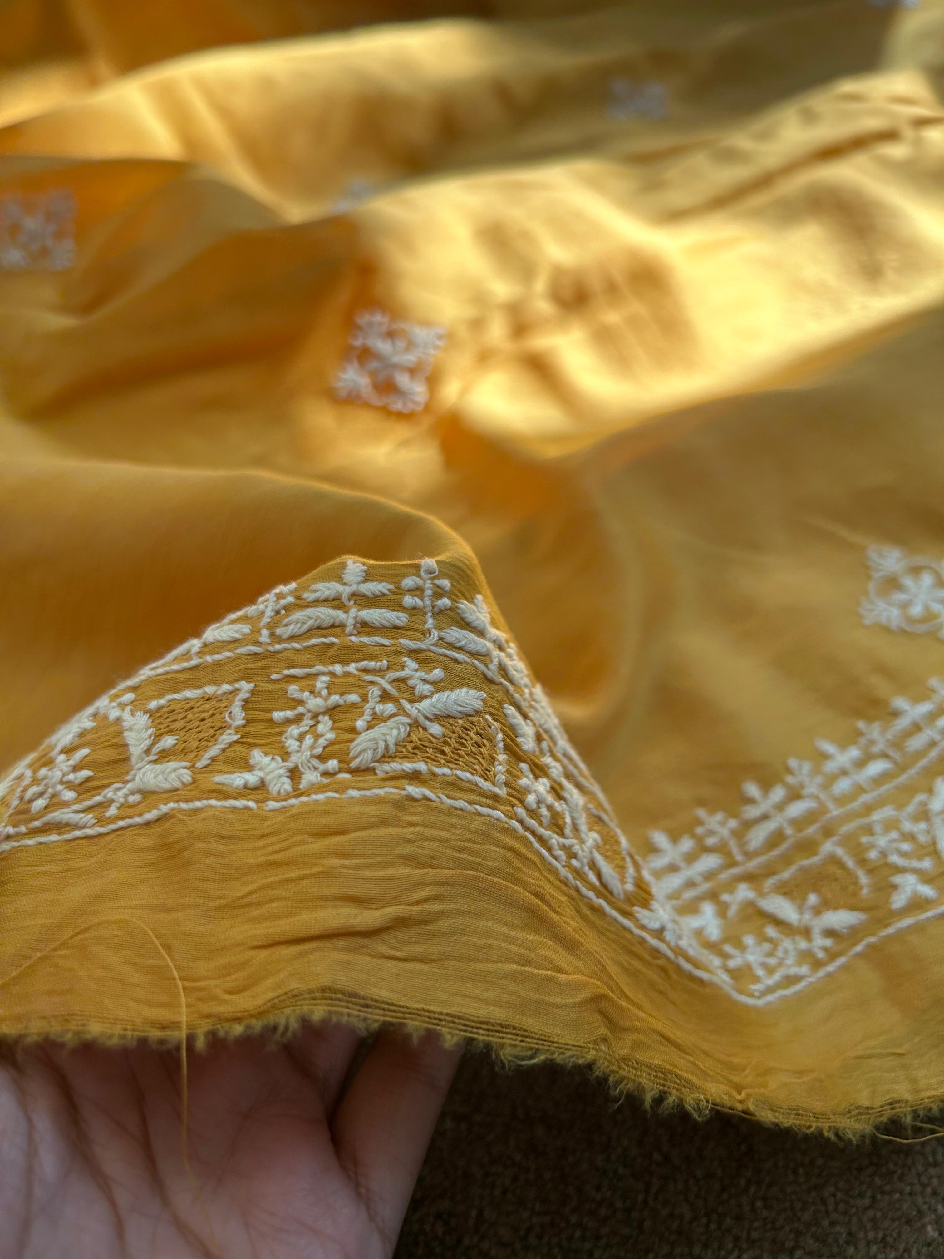 Mustard chanderi chikankari mens kurta