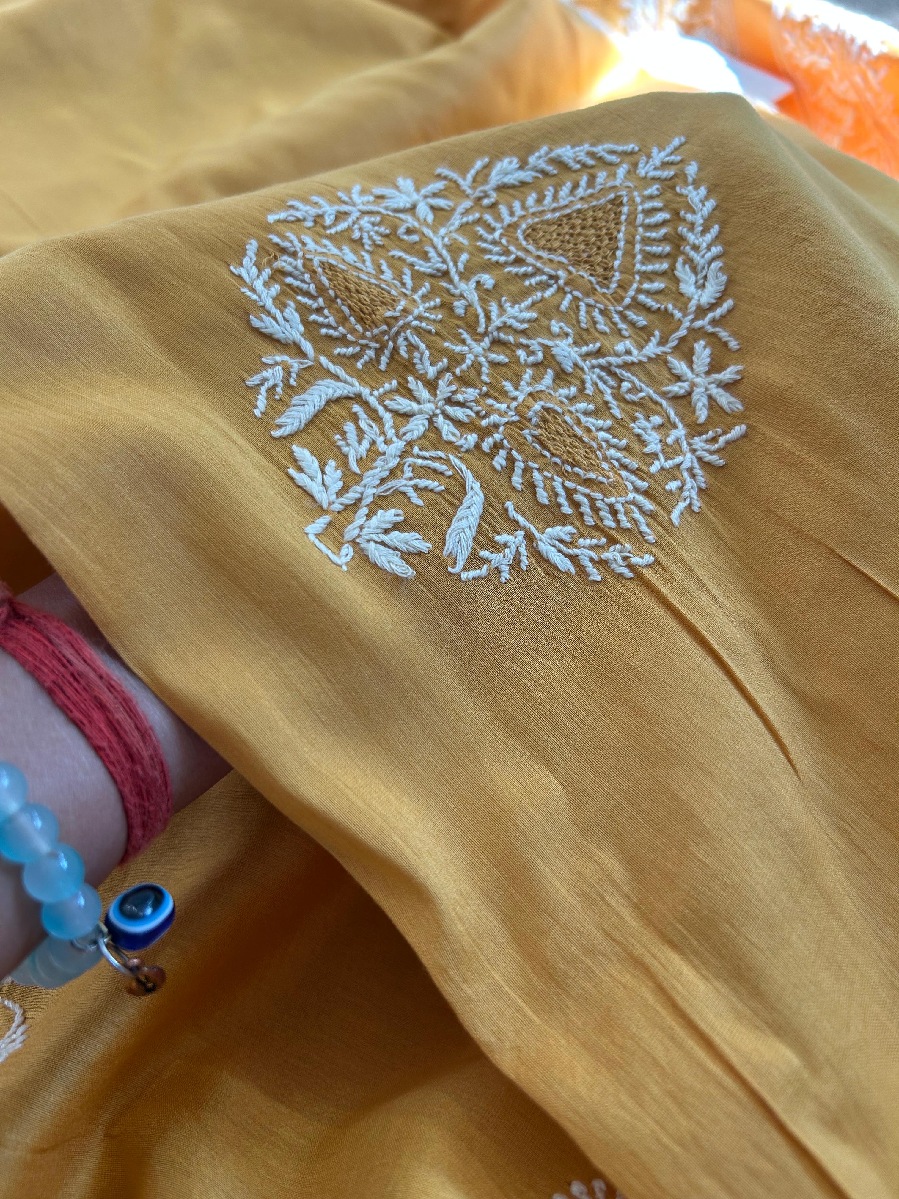 Mustard chanderi chikankari mens kurta