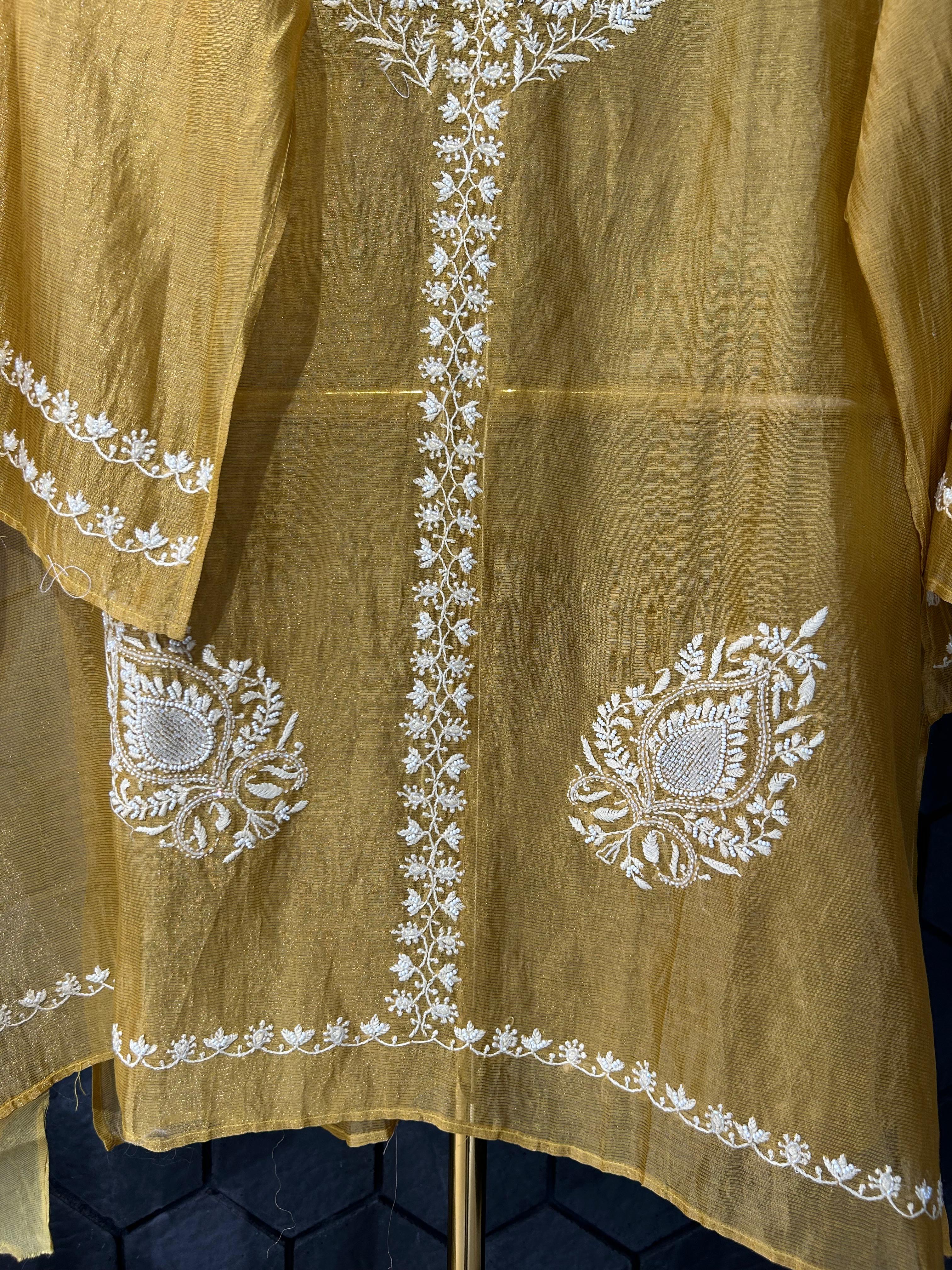 Mustard stripe tissue chikankari co-ord set