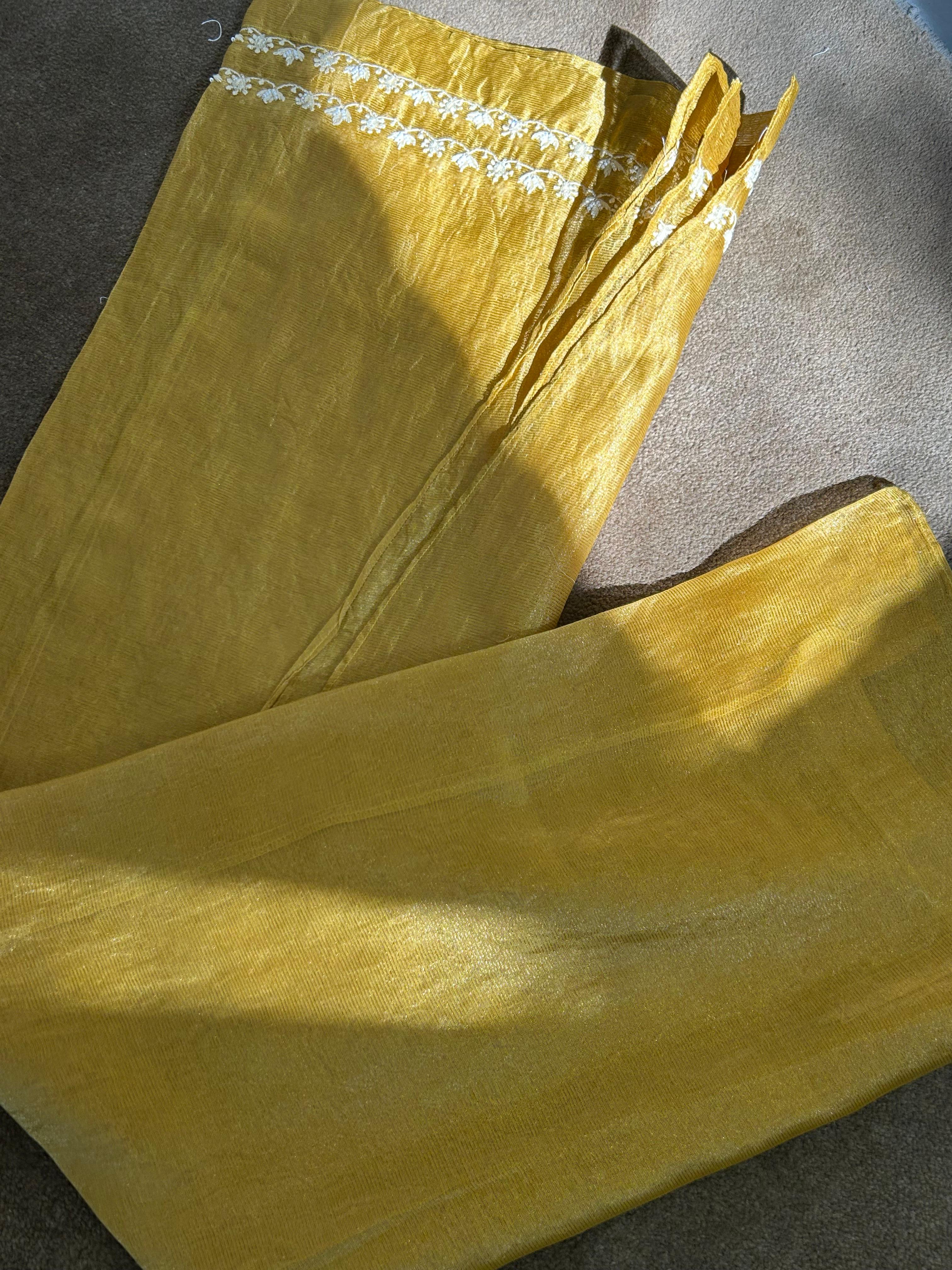 Mustard stripe tissue chikankari co-ord set