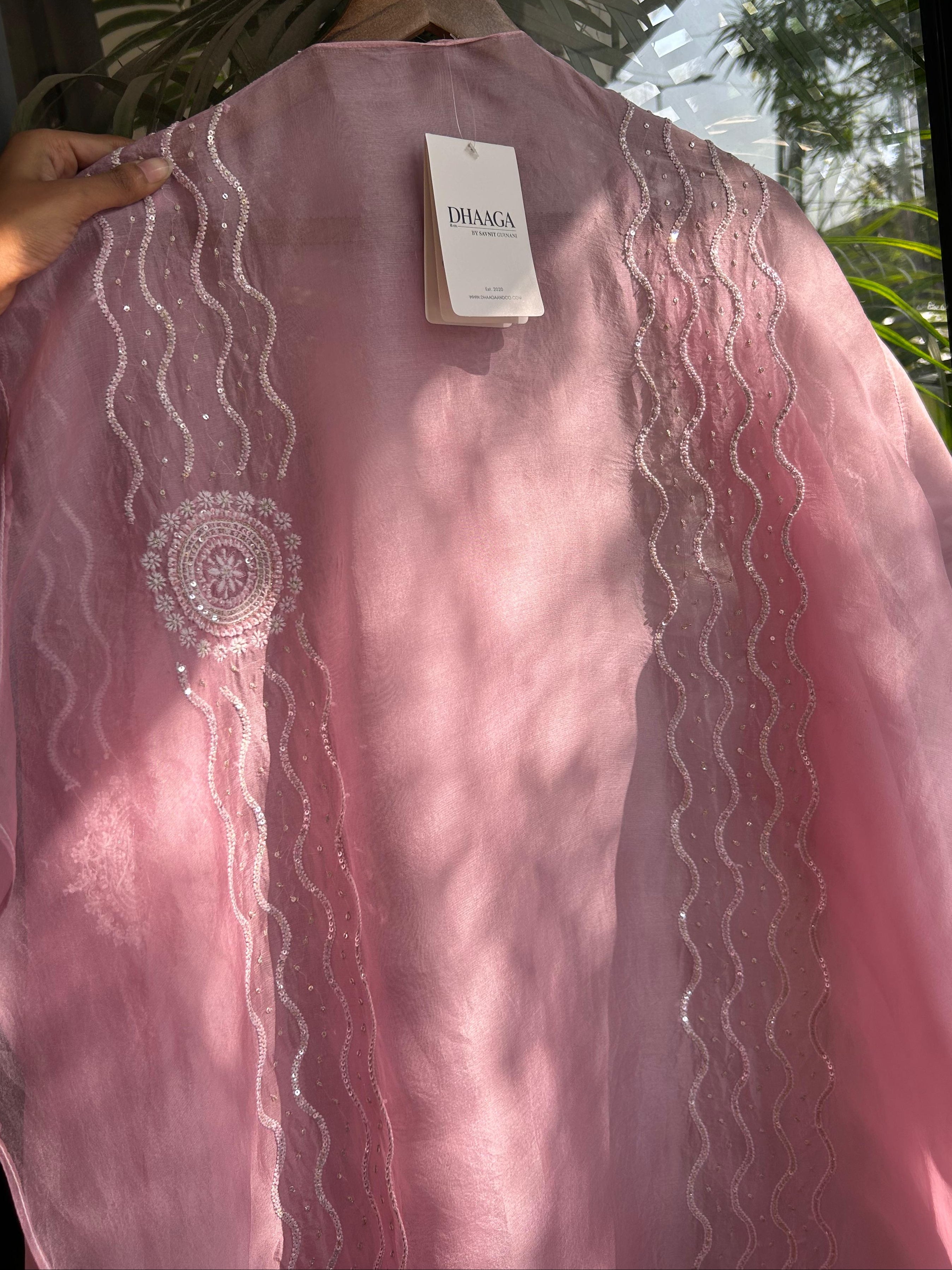 Pink organza chikankari kurta