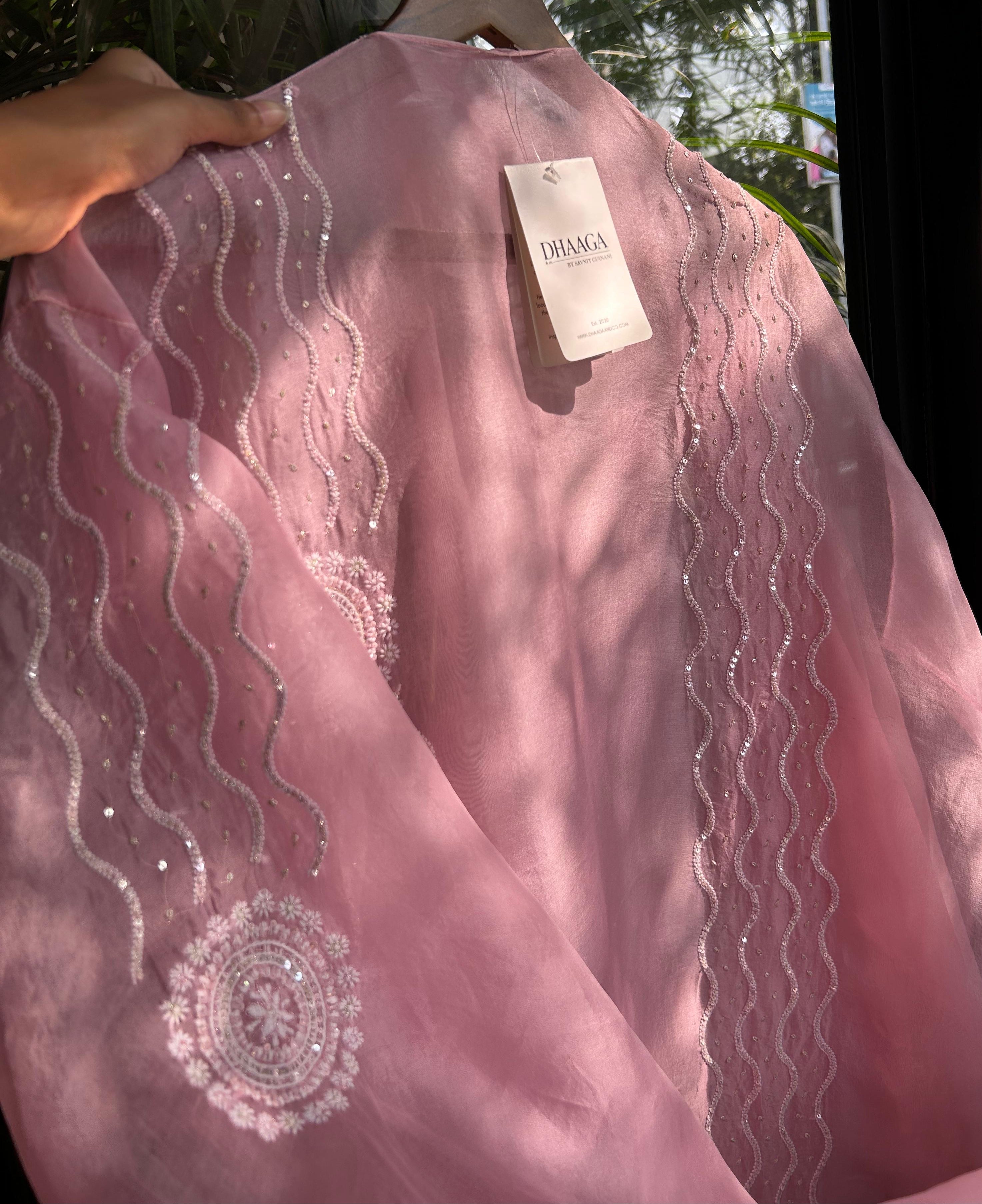 Pink organza chikankari kurta