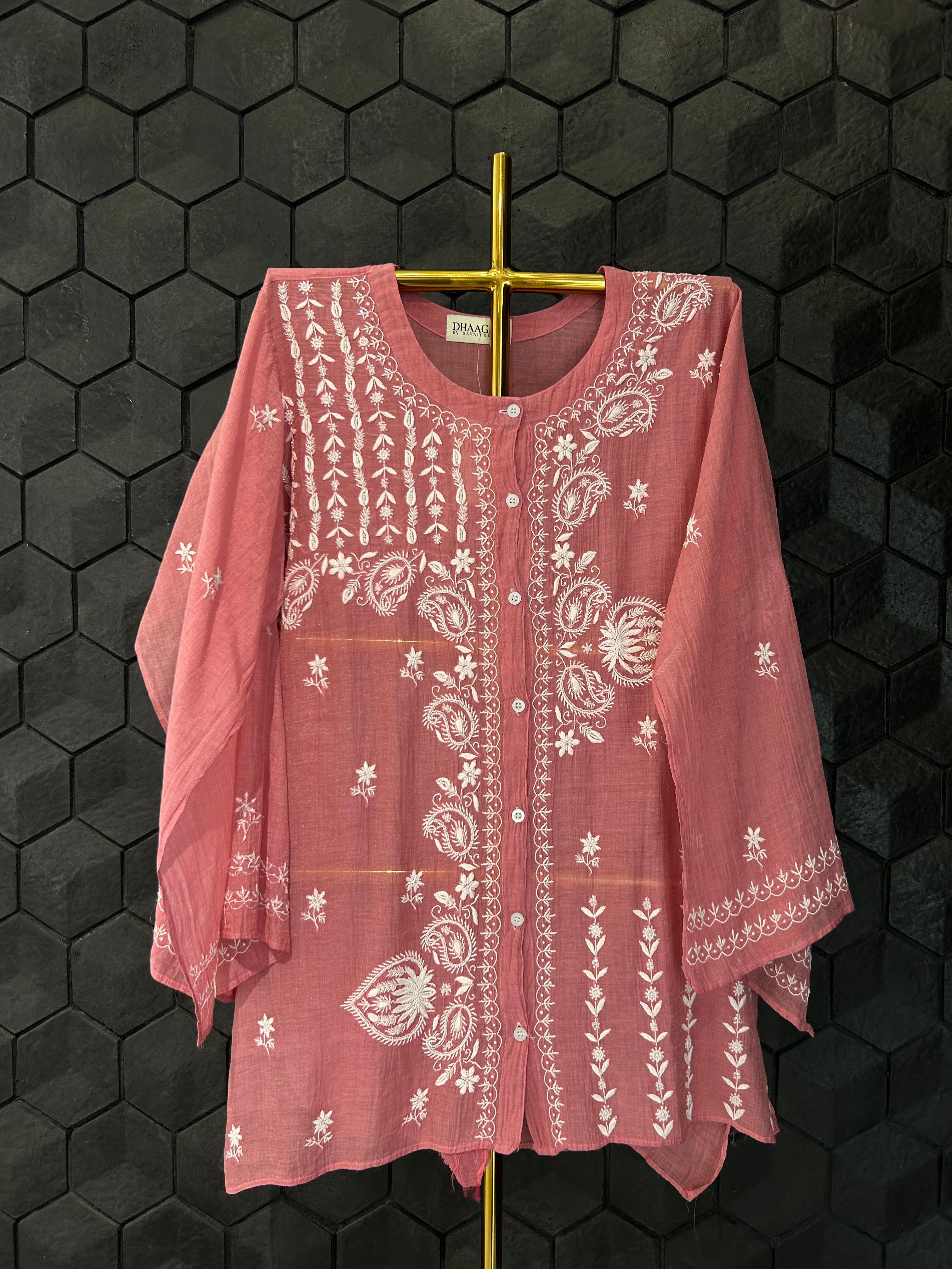 Pink tissue chikankari co-ord set