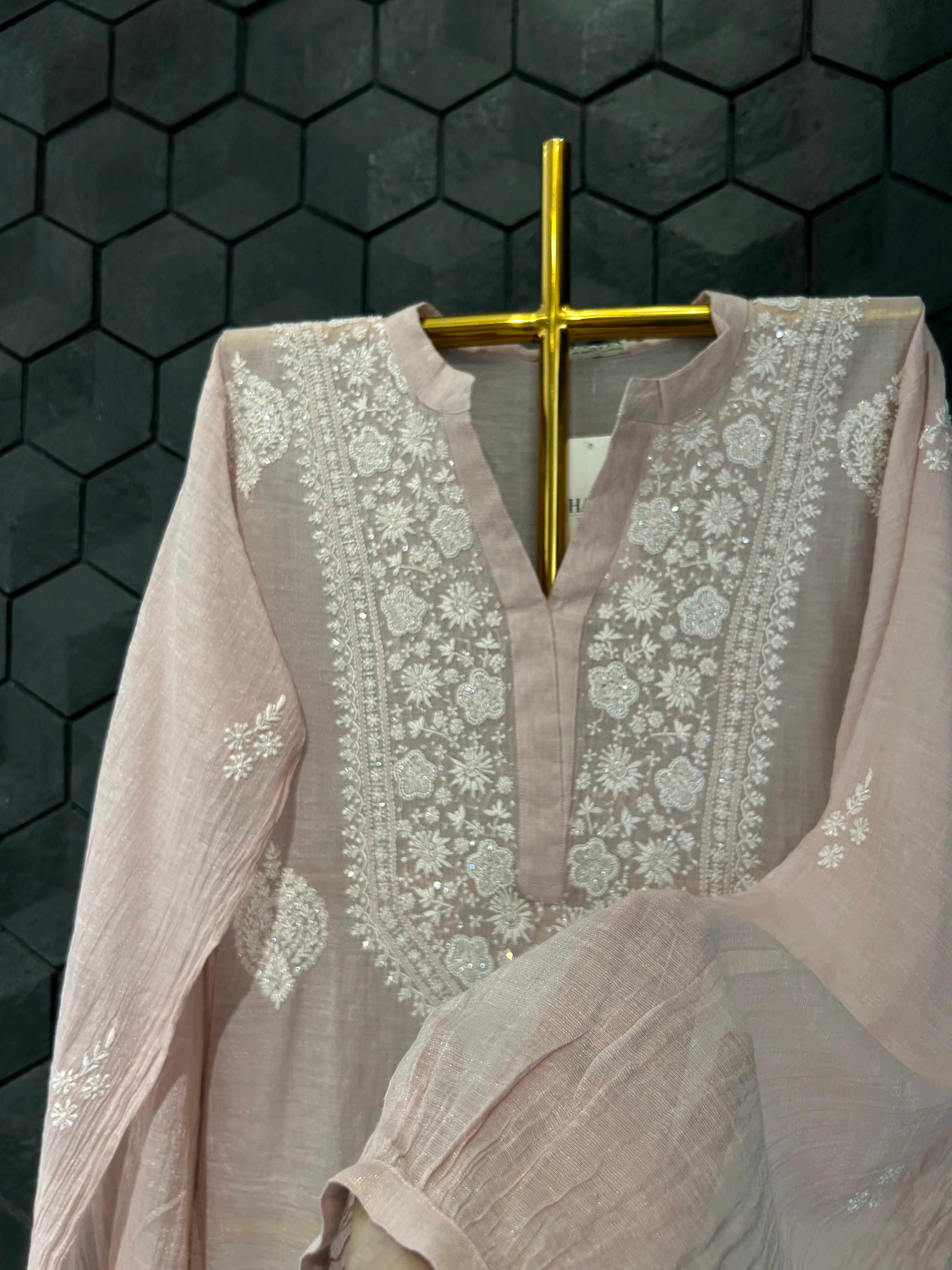 Pink tissue chikankari co-ord set