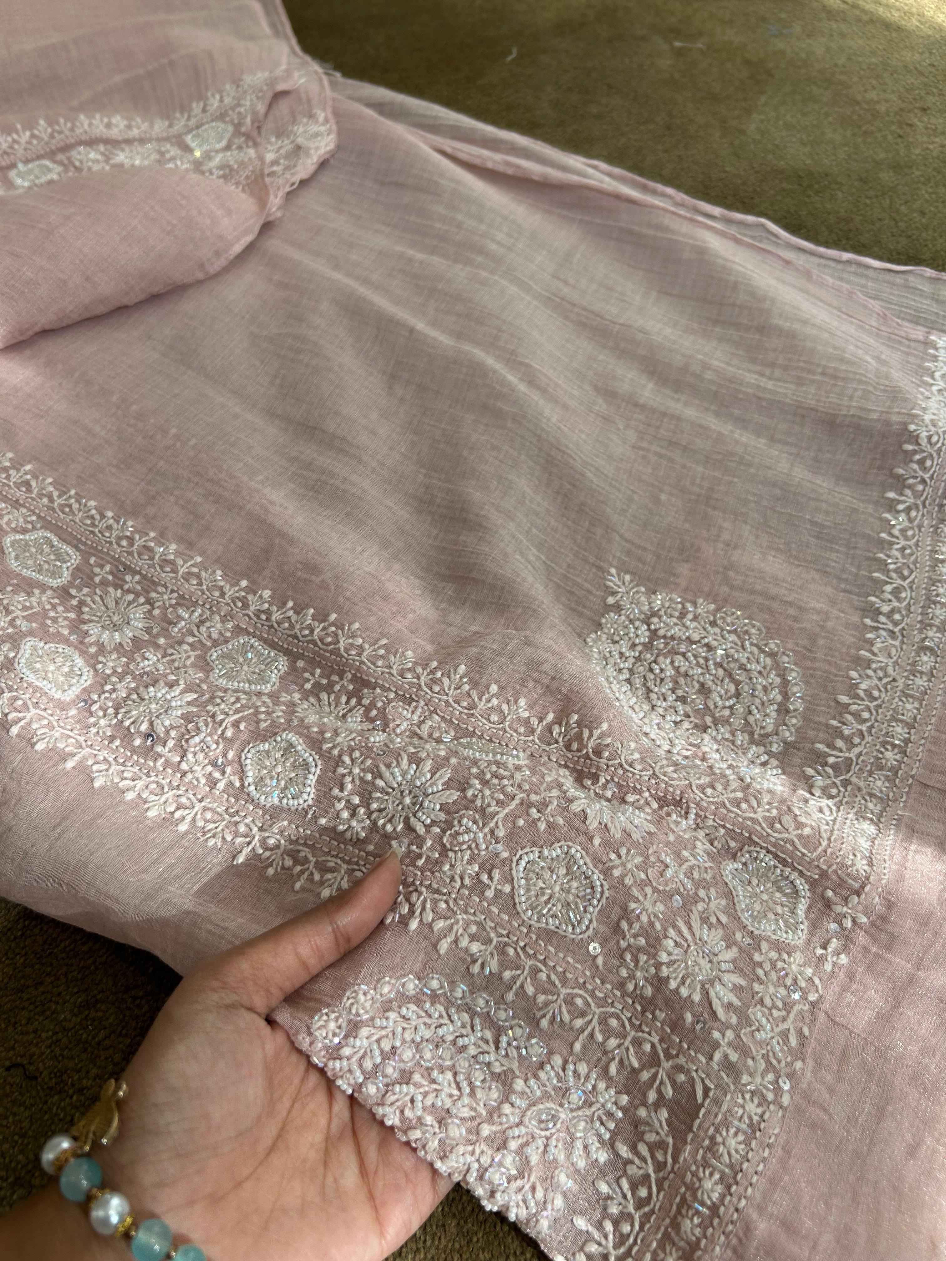 Pink tissue chikankari co-ord set