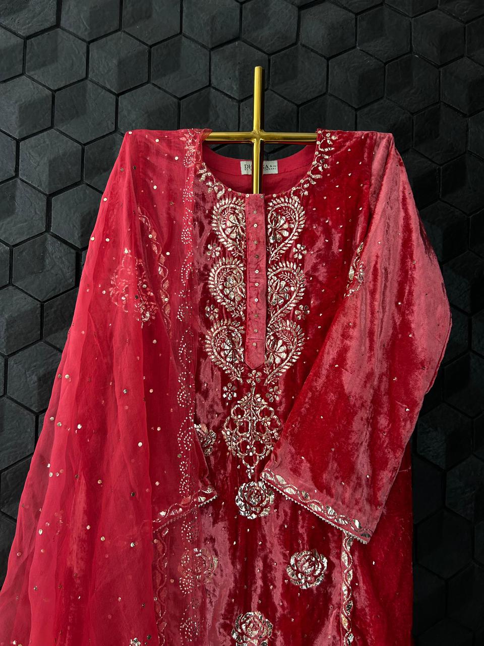 Red Velvet Mukaish kurta set