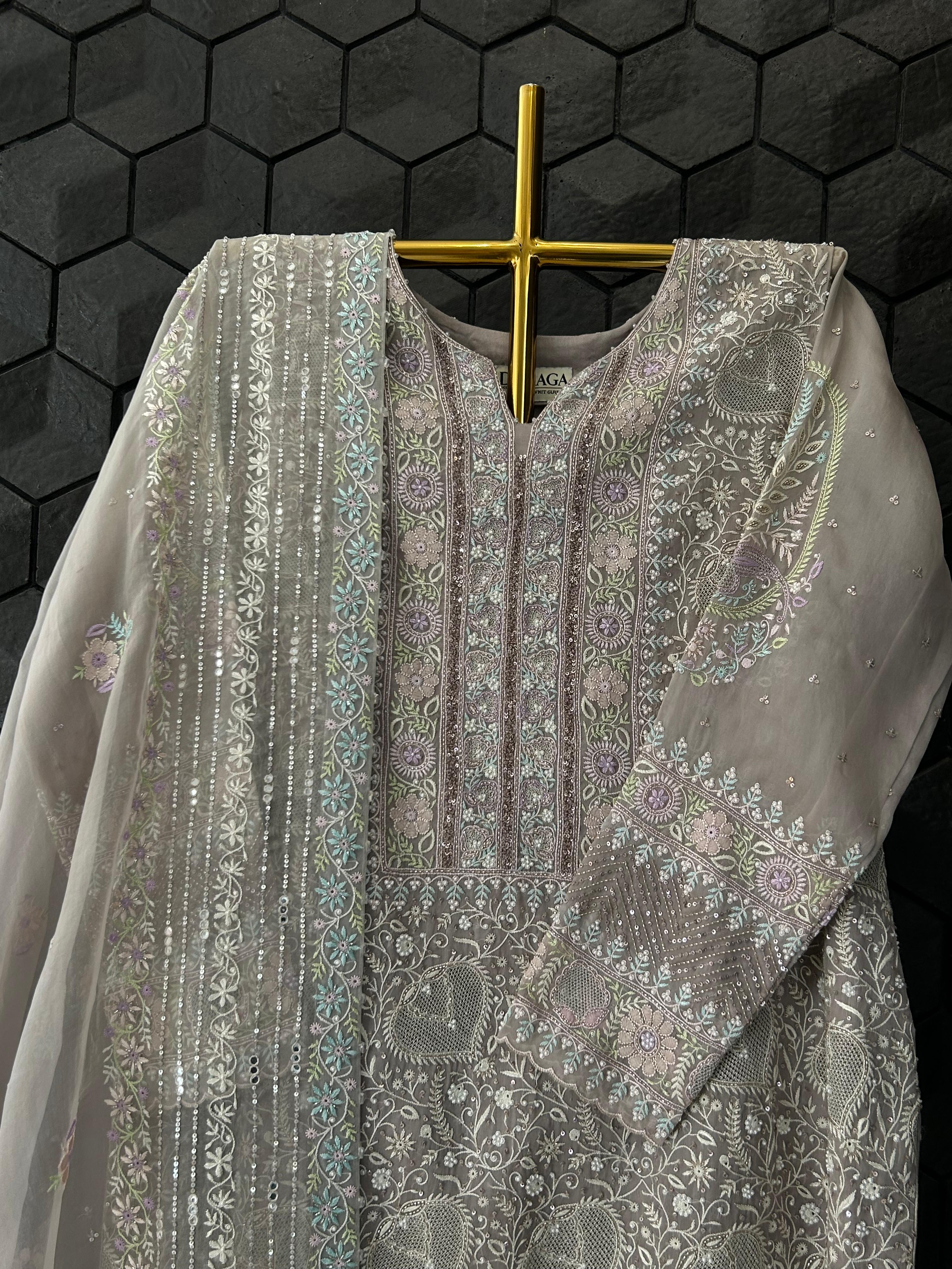 Grey organza chikankari kurta set