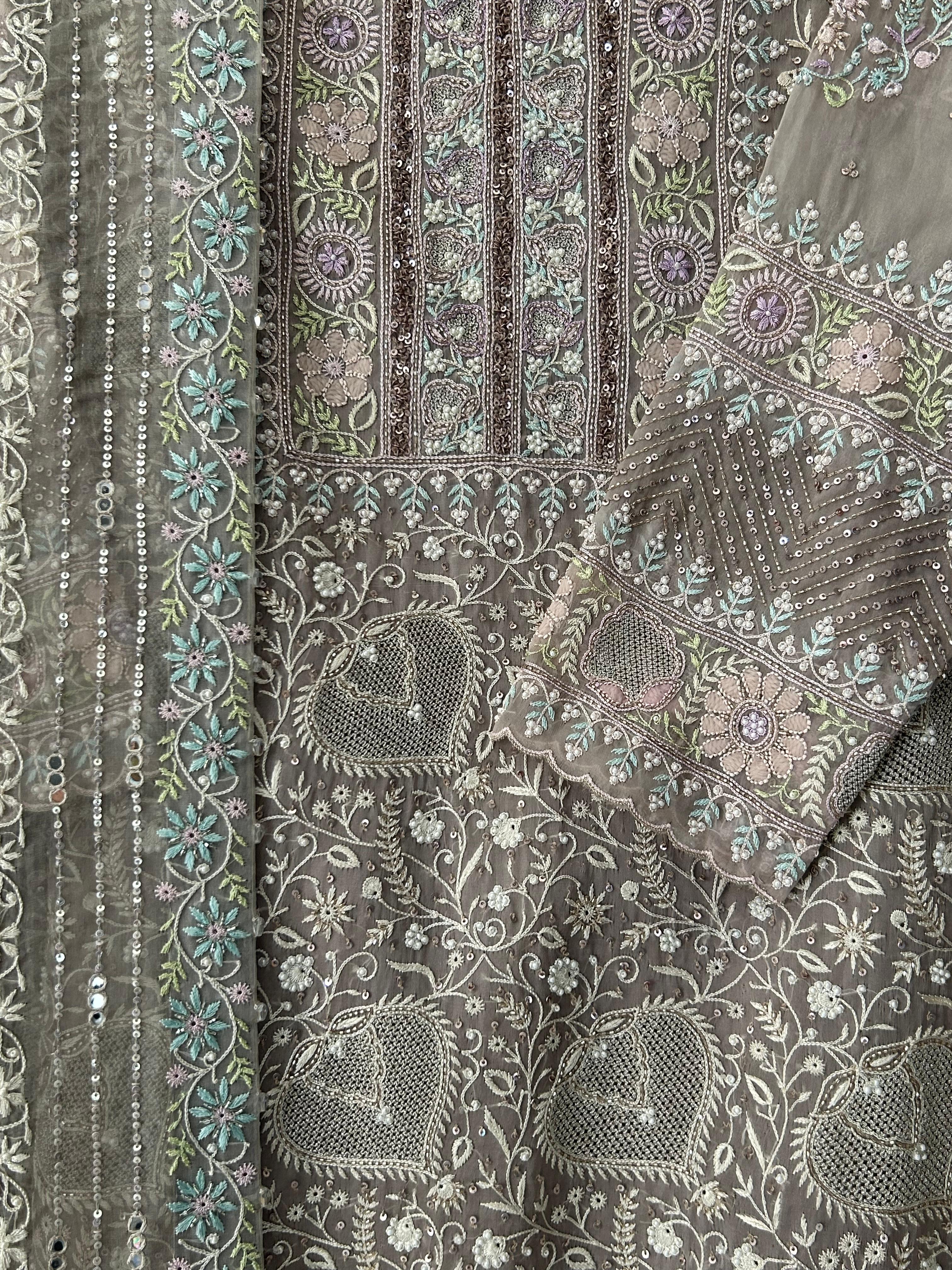 Grey organza chikankari kurta set