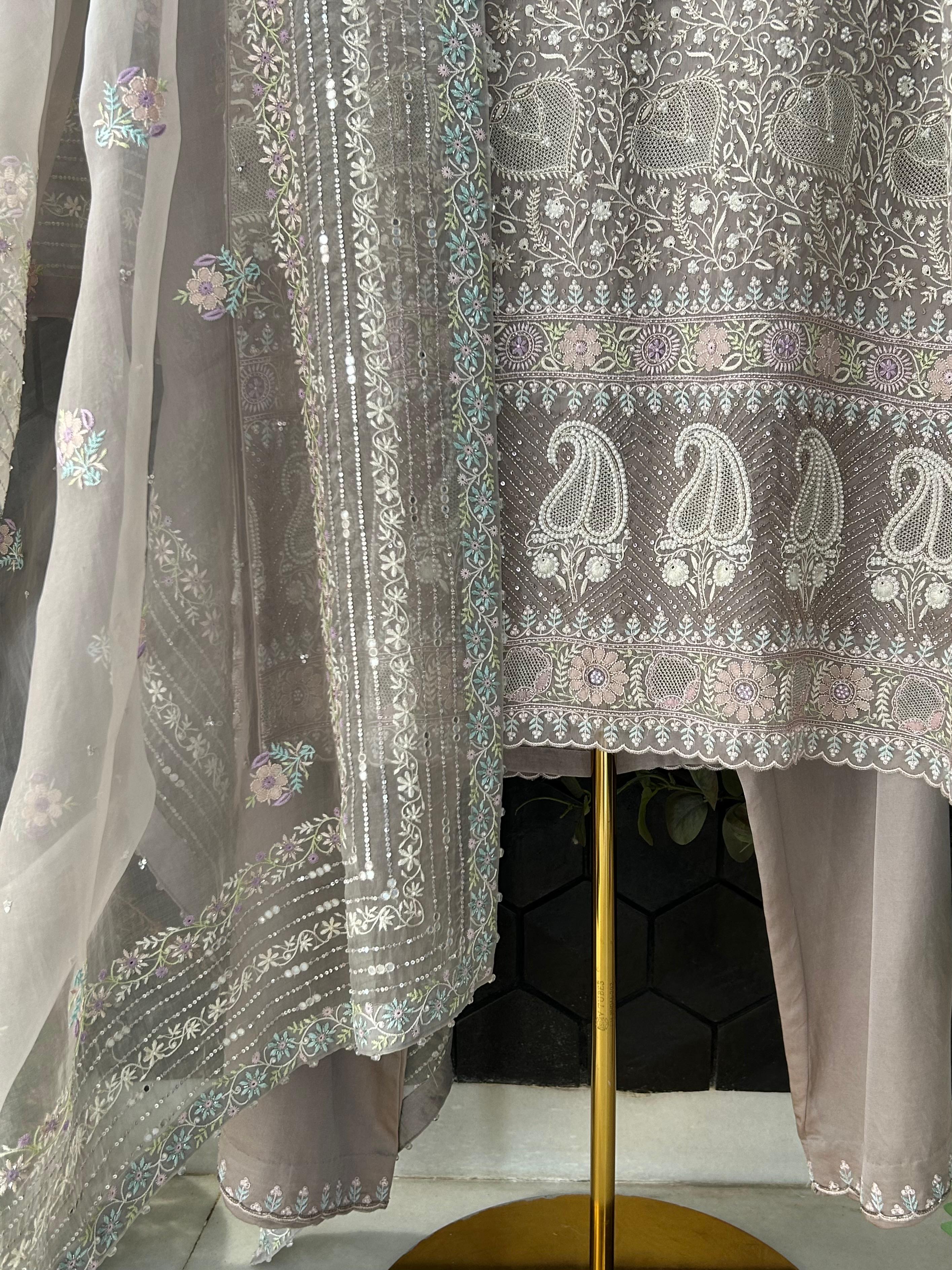 Grey organza chikankari kurta set