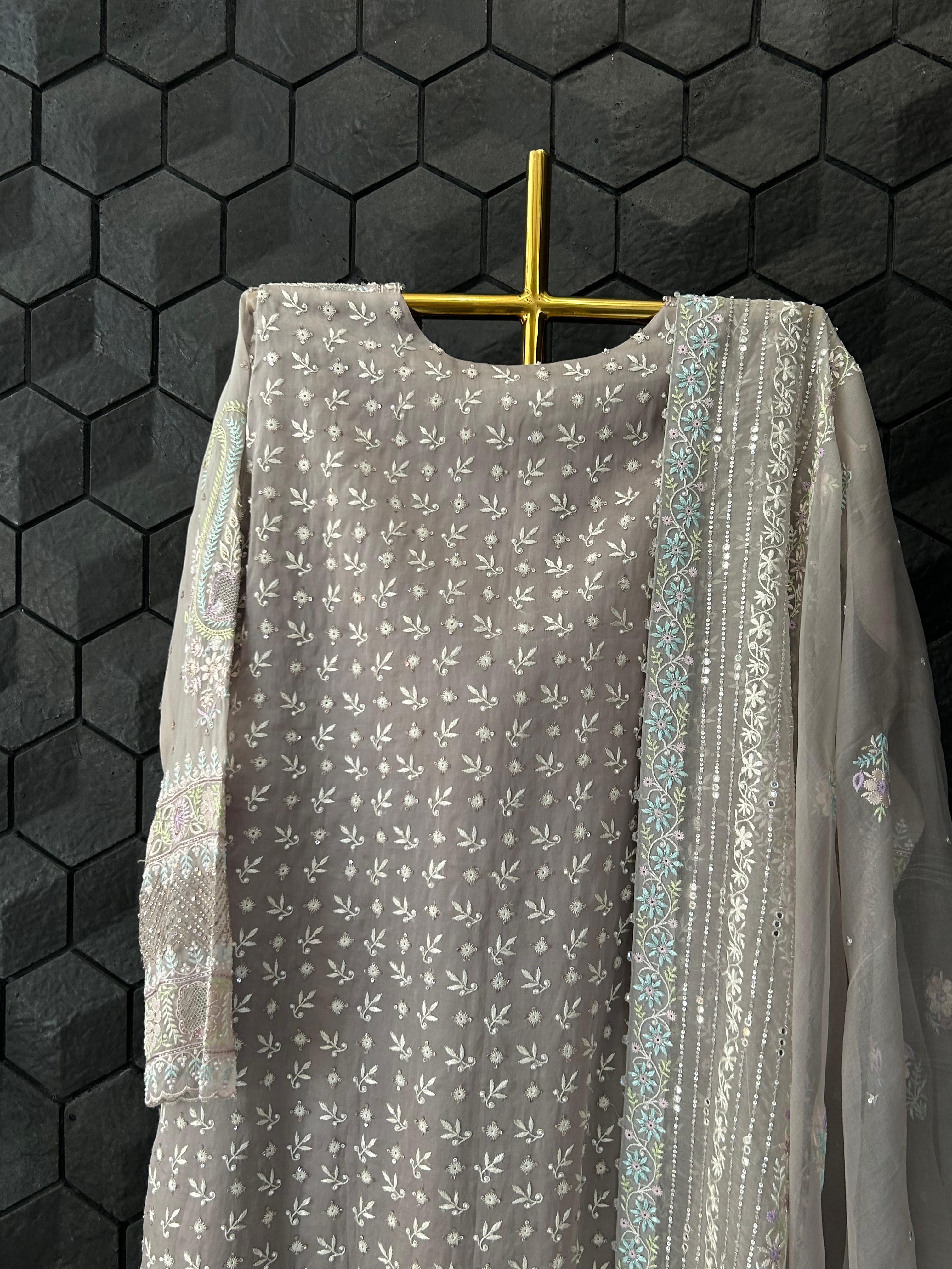 Grey organza chikankari kurta set