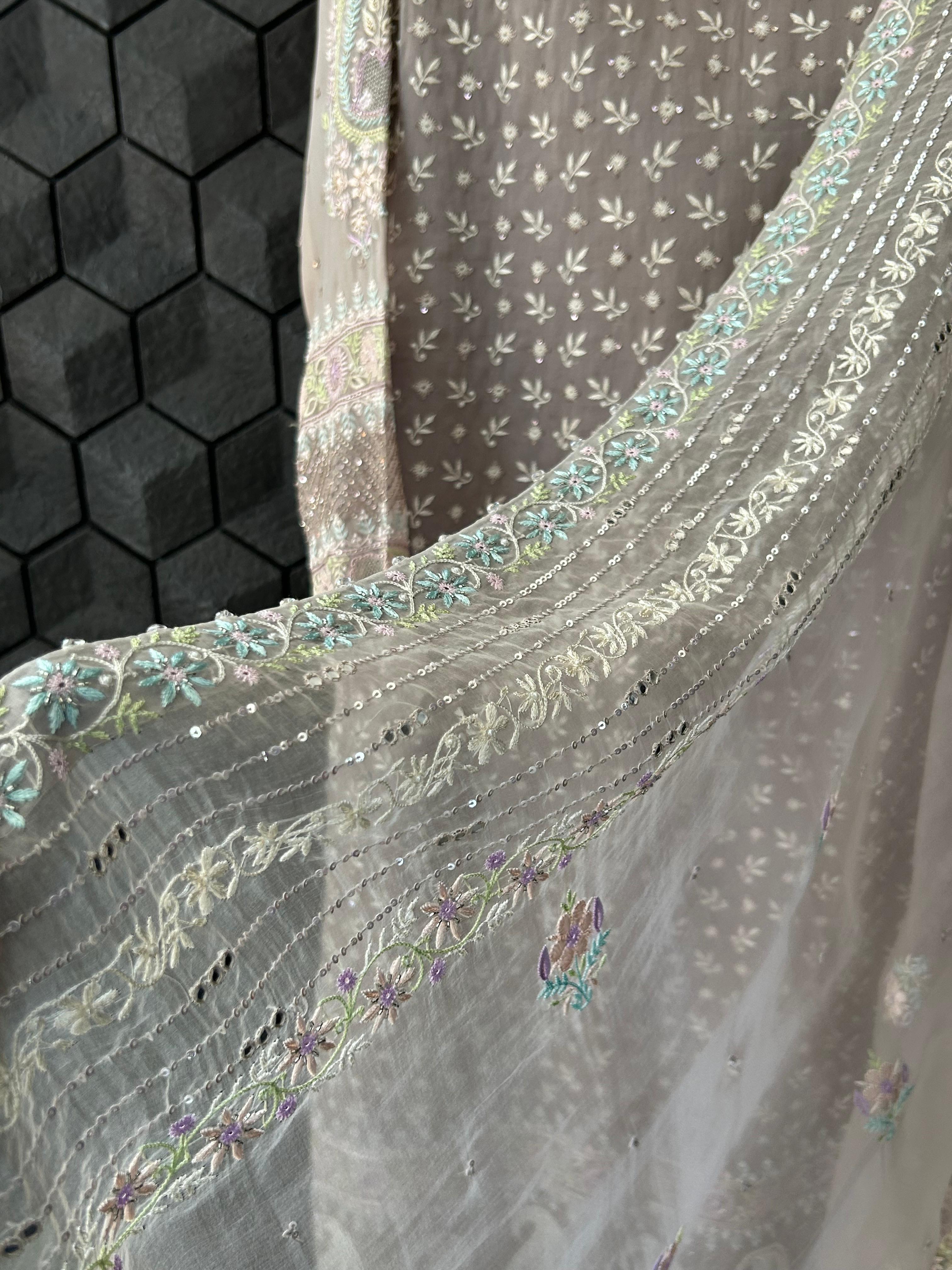 Grey organza chikankari kurta set