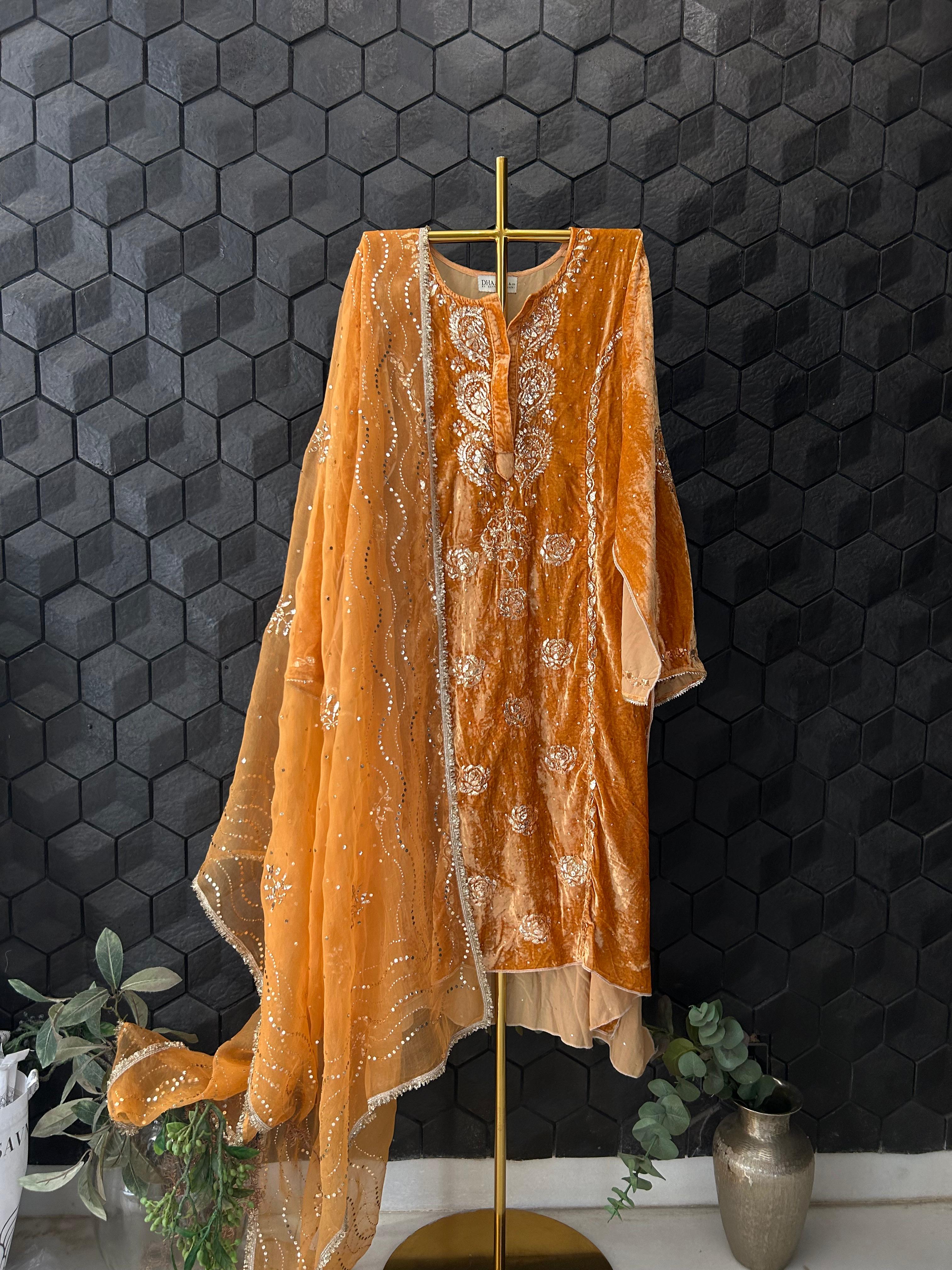 Mustard velvet mukaish kurta set