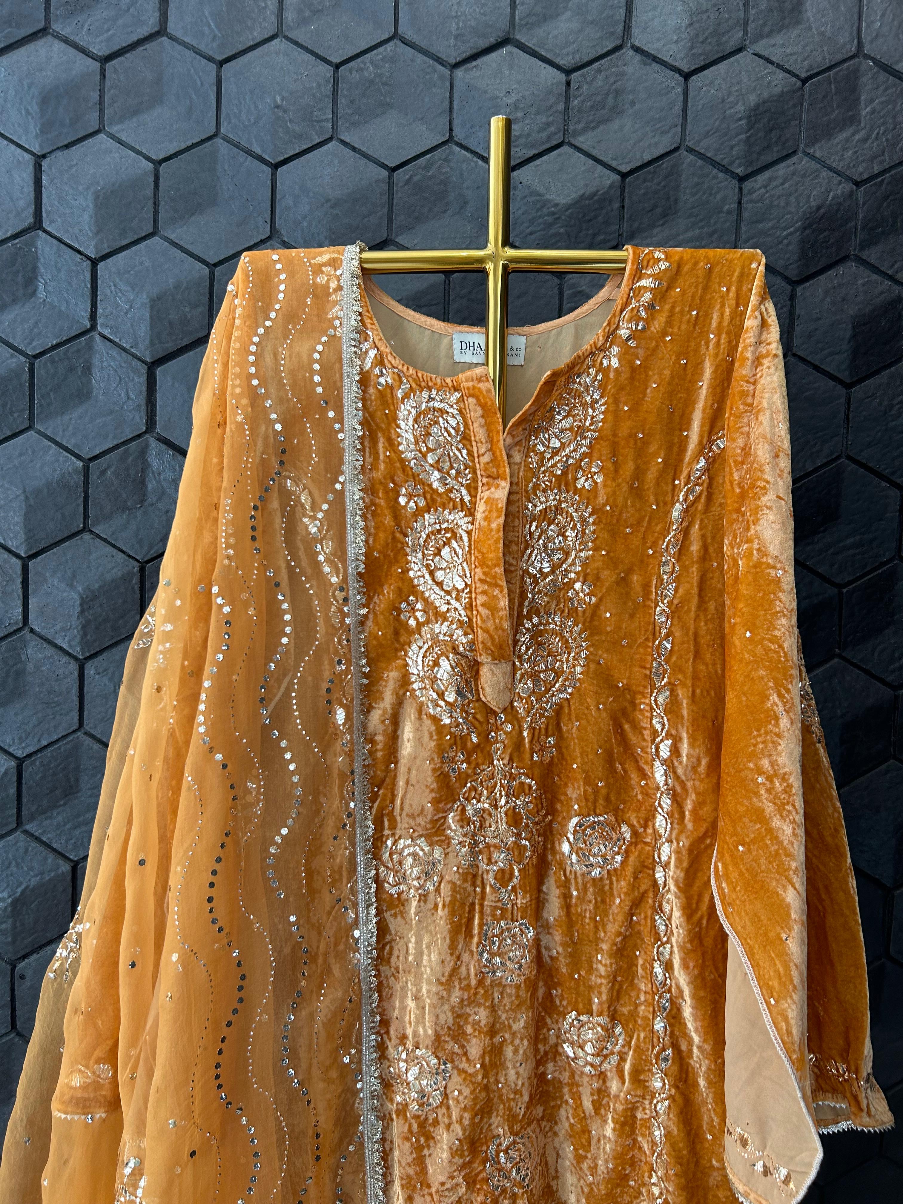 Mustard velvet mukaish kurta set