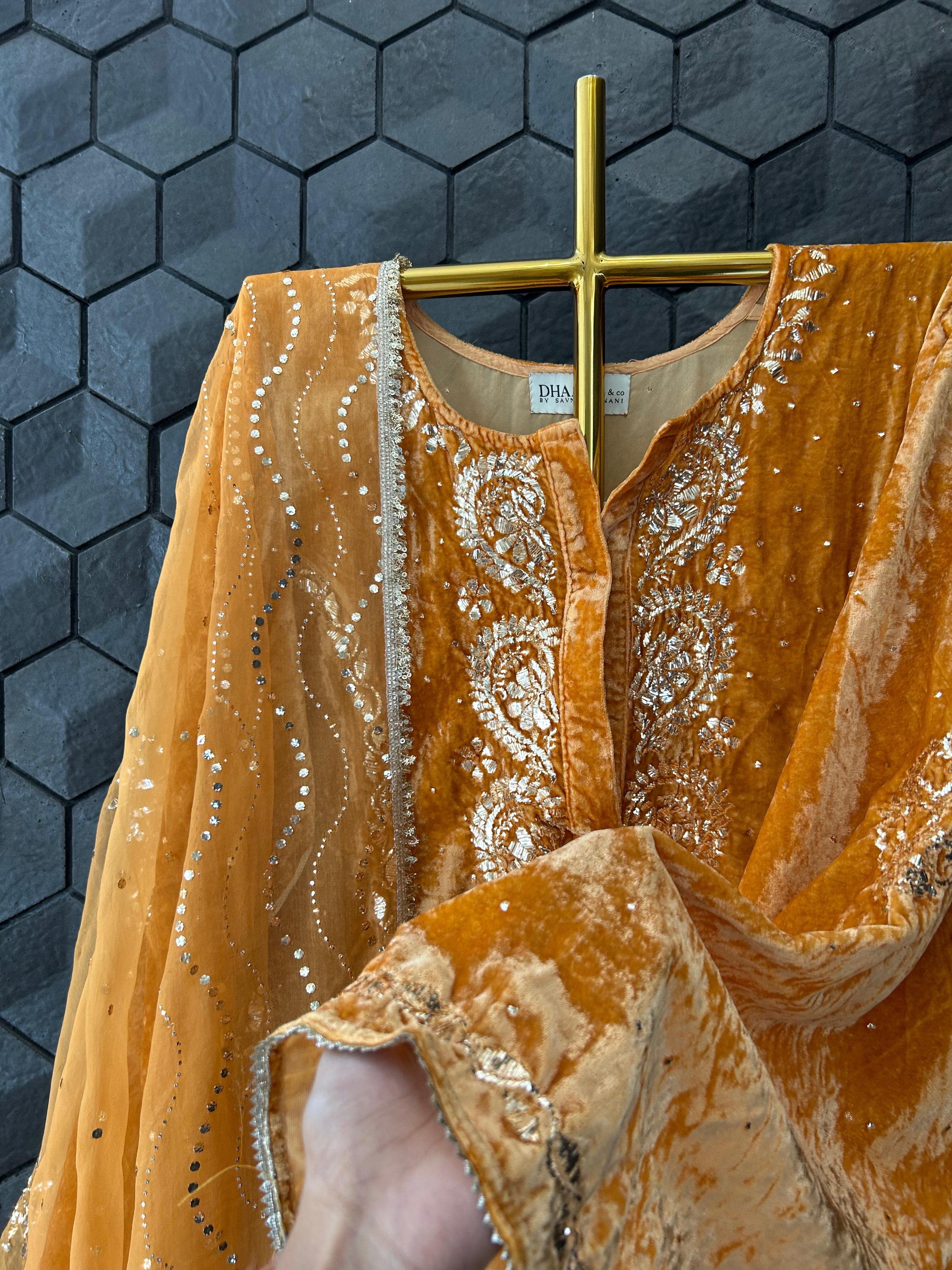 Mustard velvet mukaish kurta set