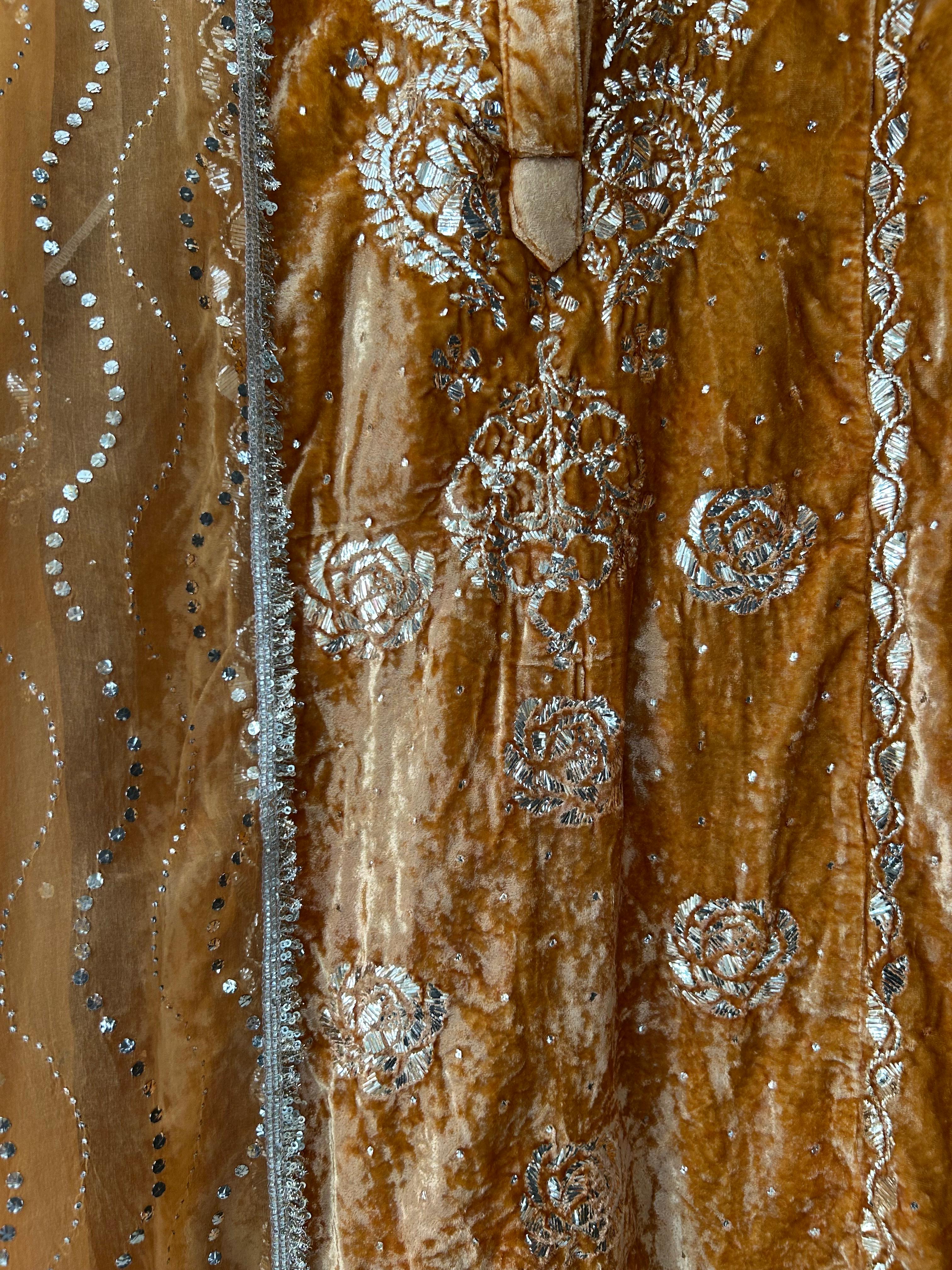 Mustard velvet mukaish kurta set