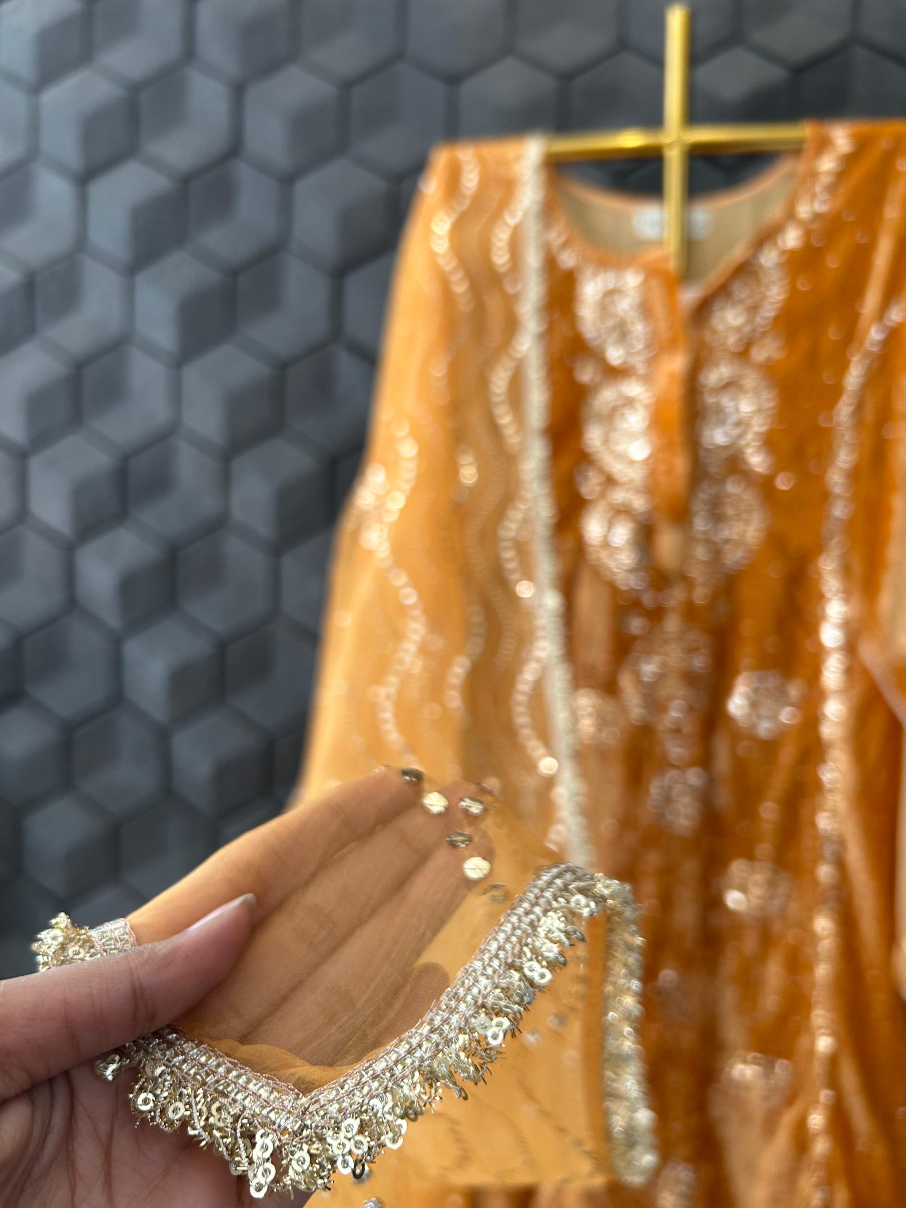 Mustard velvet mukaish kurta set