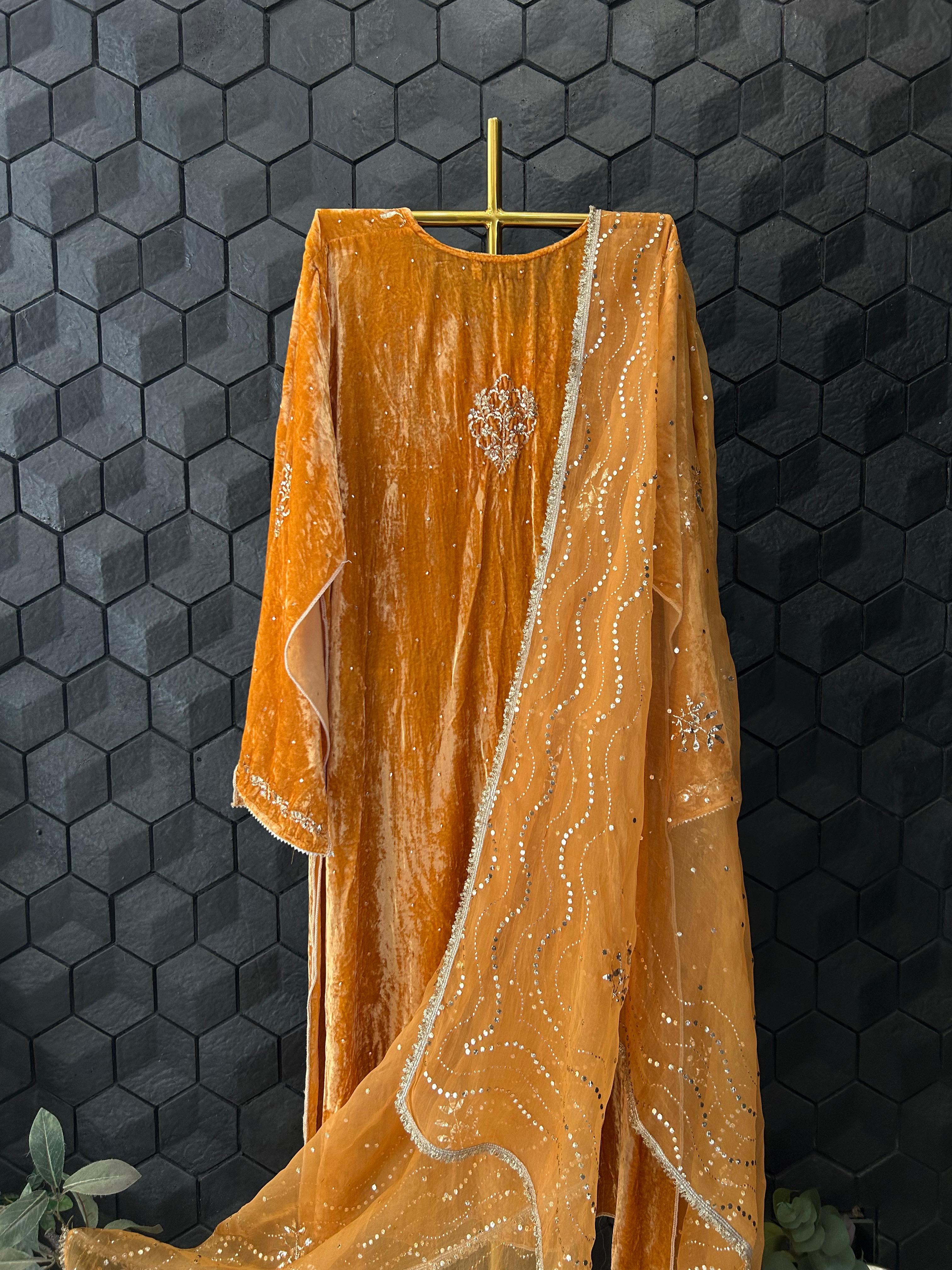 Mustard velvet mukaish kurta set
