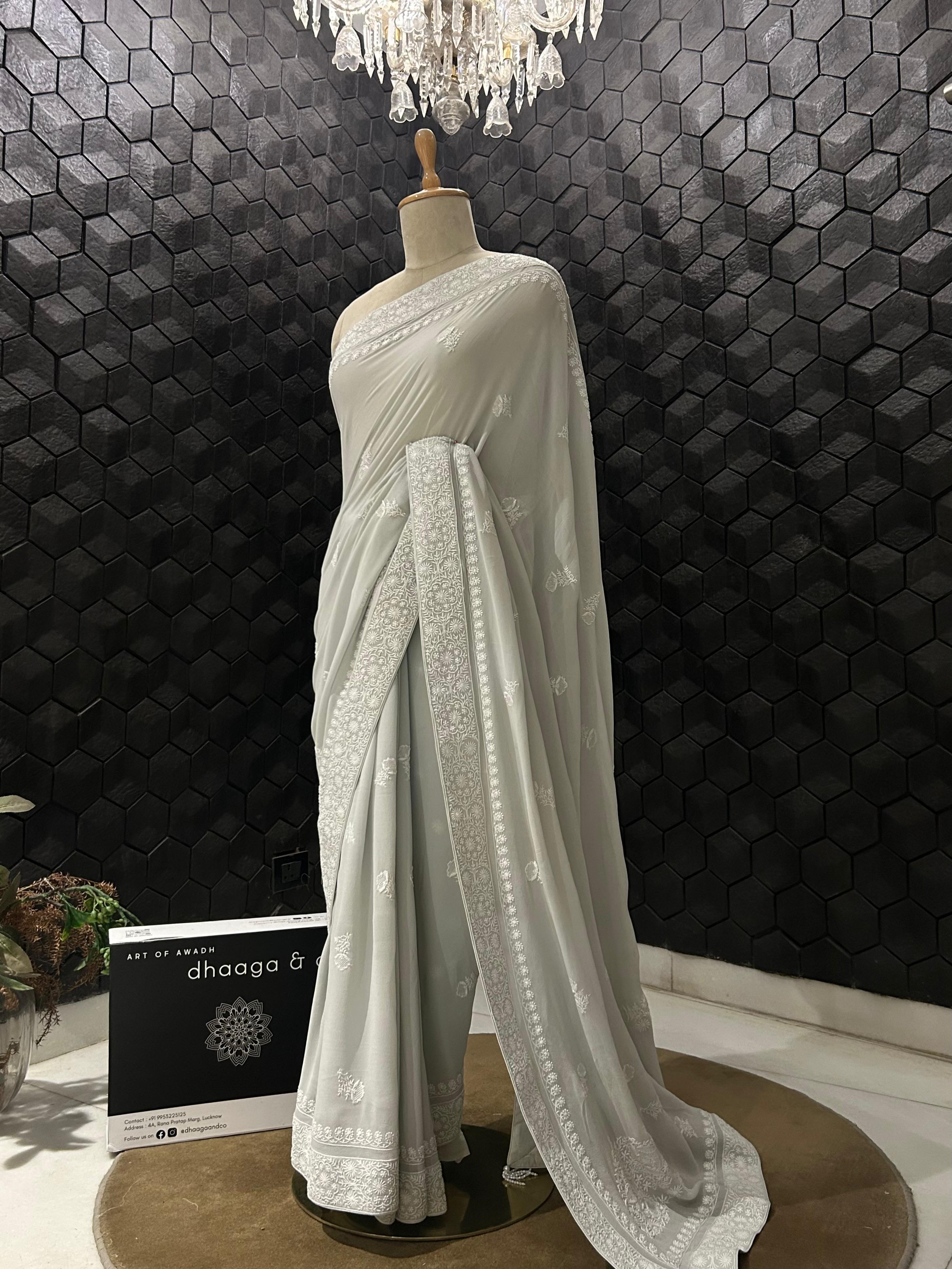 Grey Georgette chikankari saree