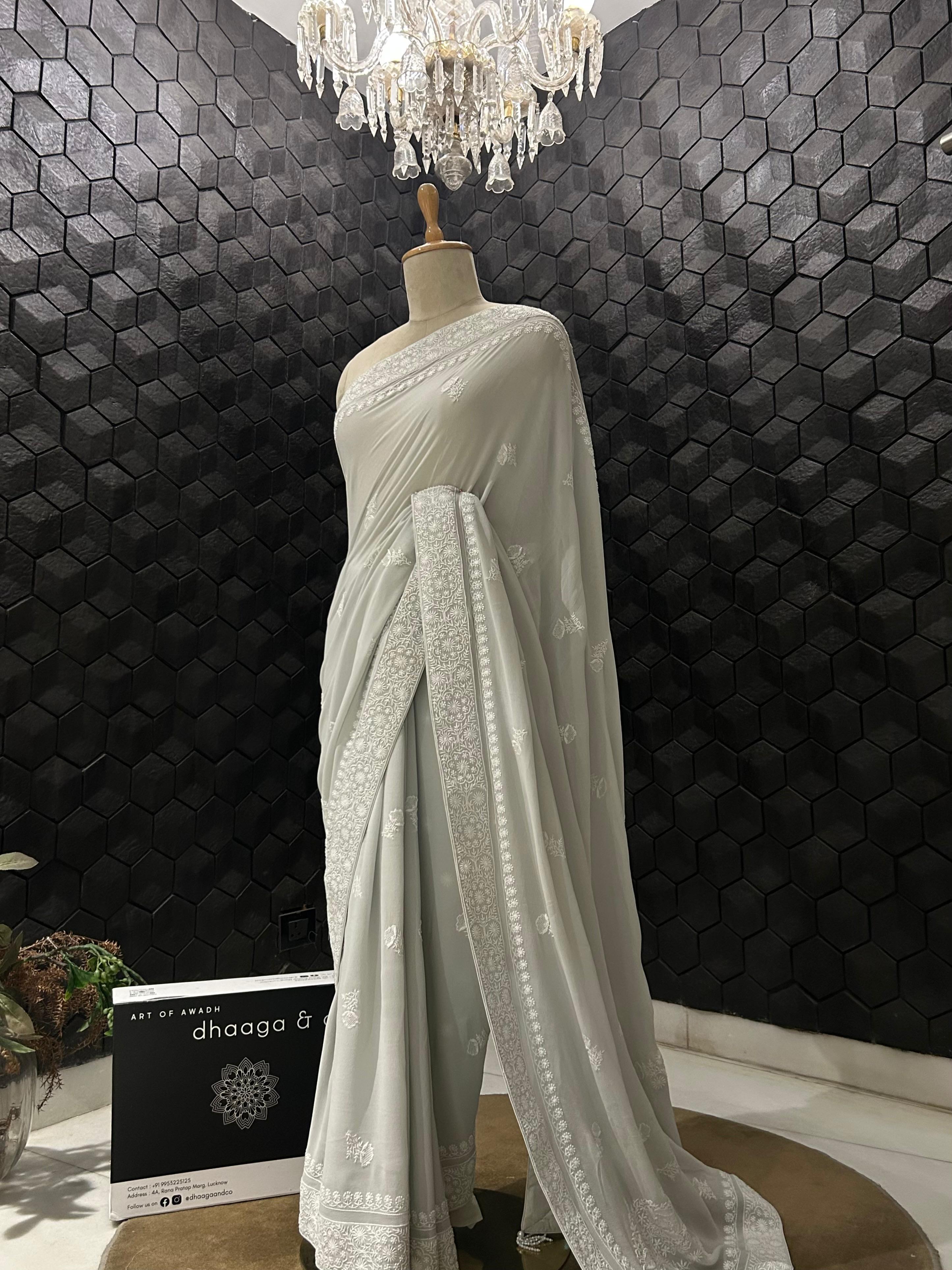 Grey Georgette chikankari saree