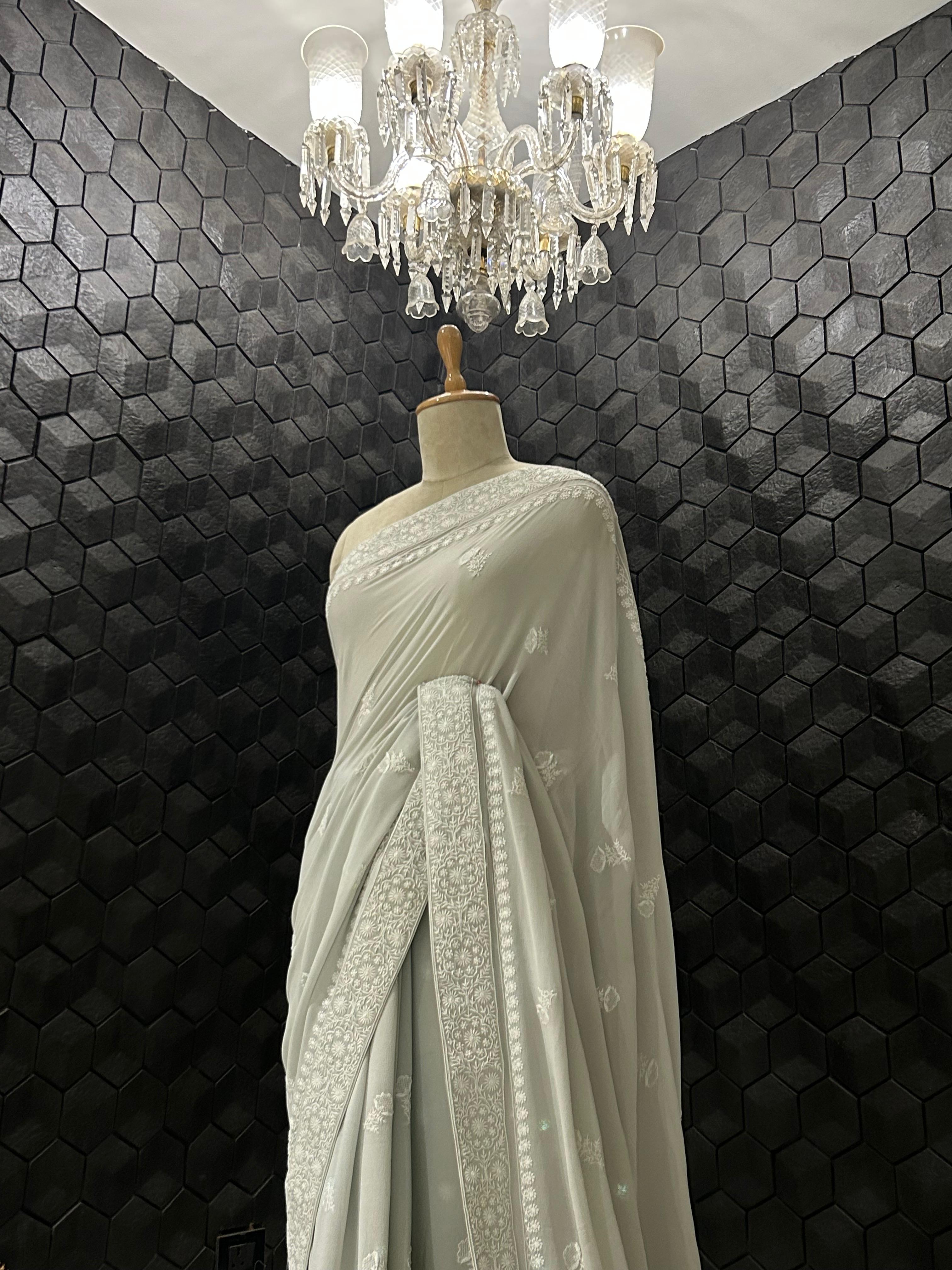 Grey Georgette chikankari saree