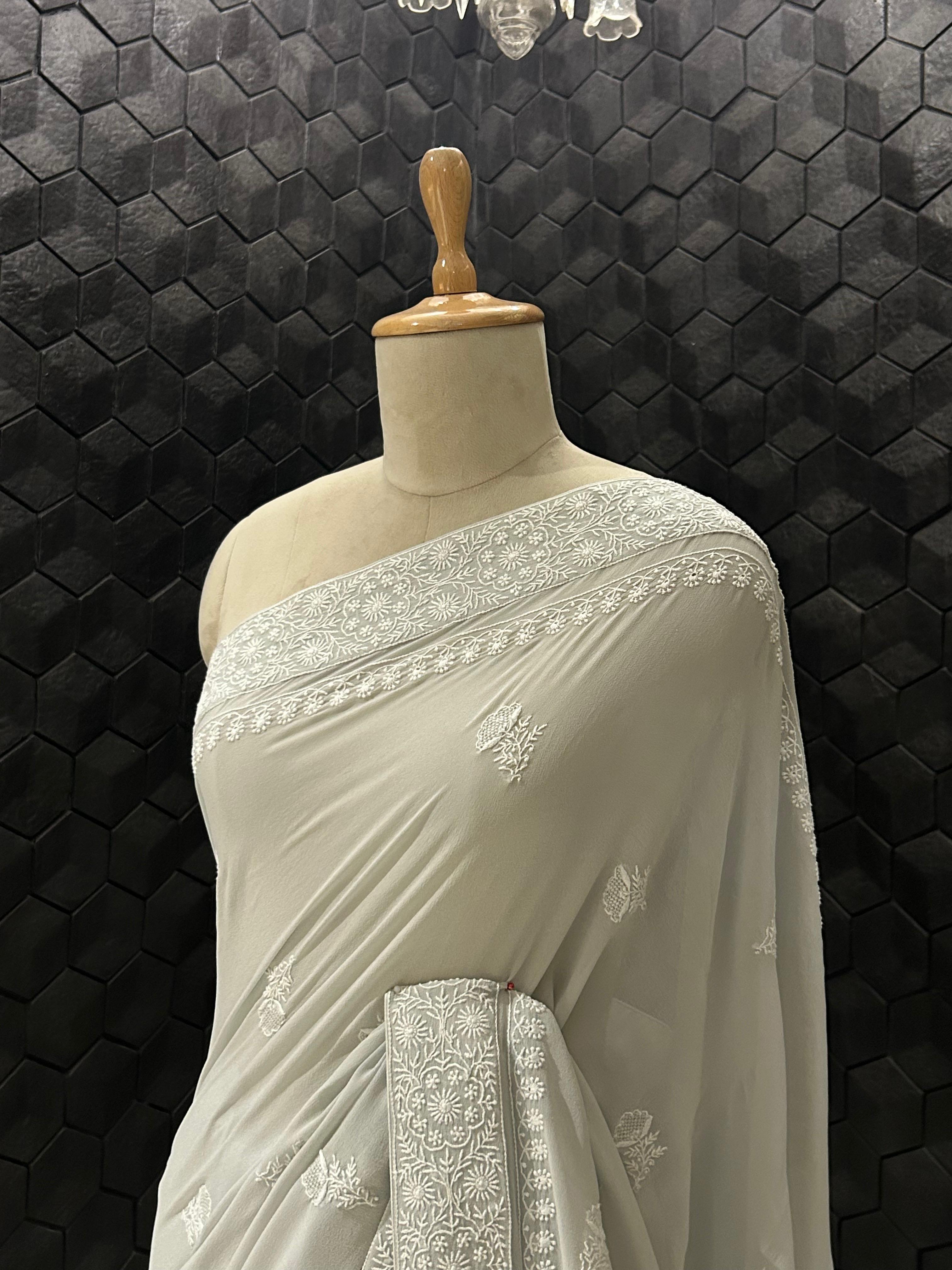 Grey Georgette chikankari saree