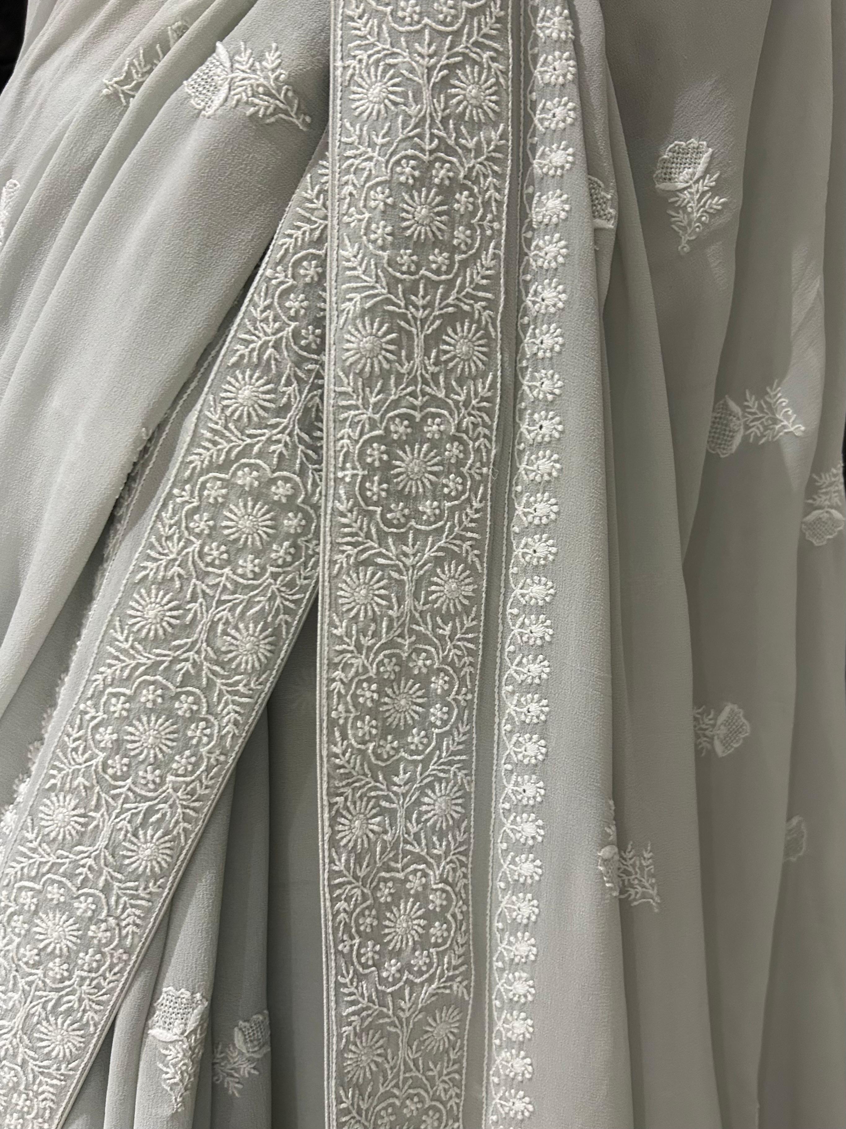 Grey Georgette chikankari saree
