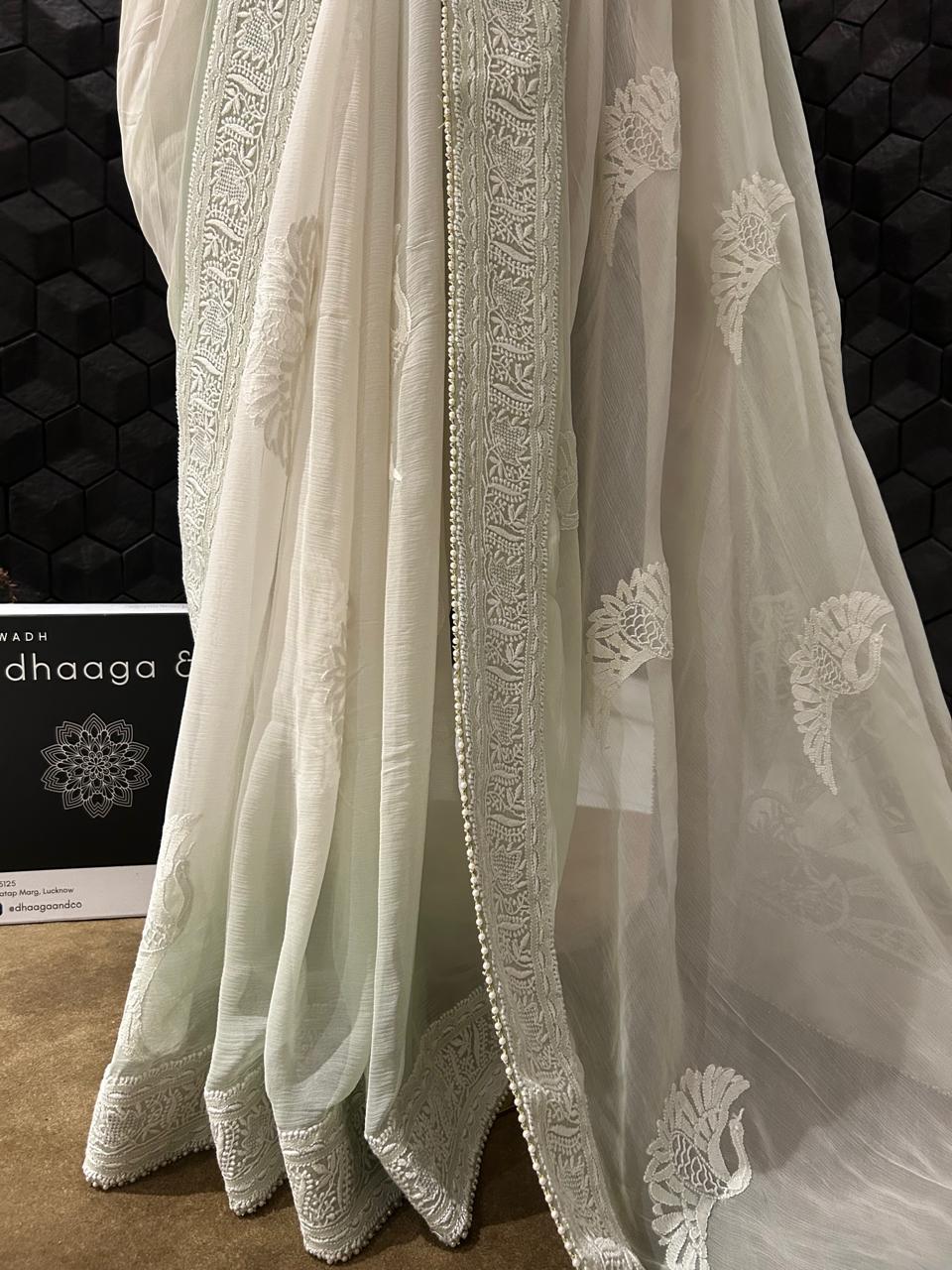 Grey chiffon chikankari saree