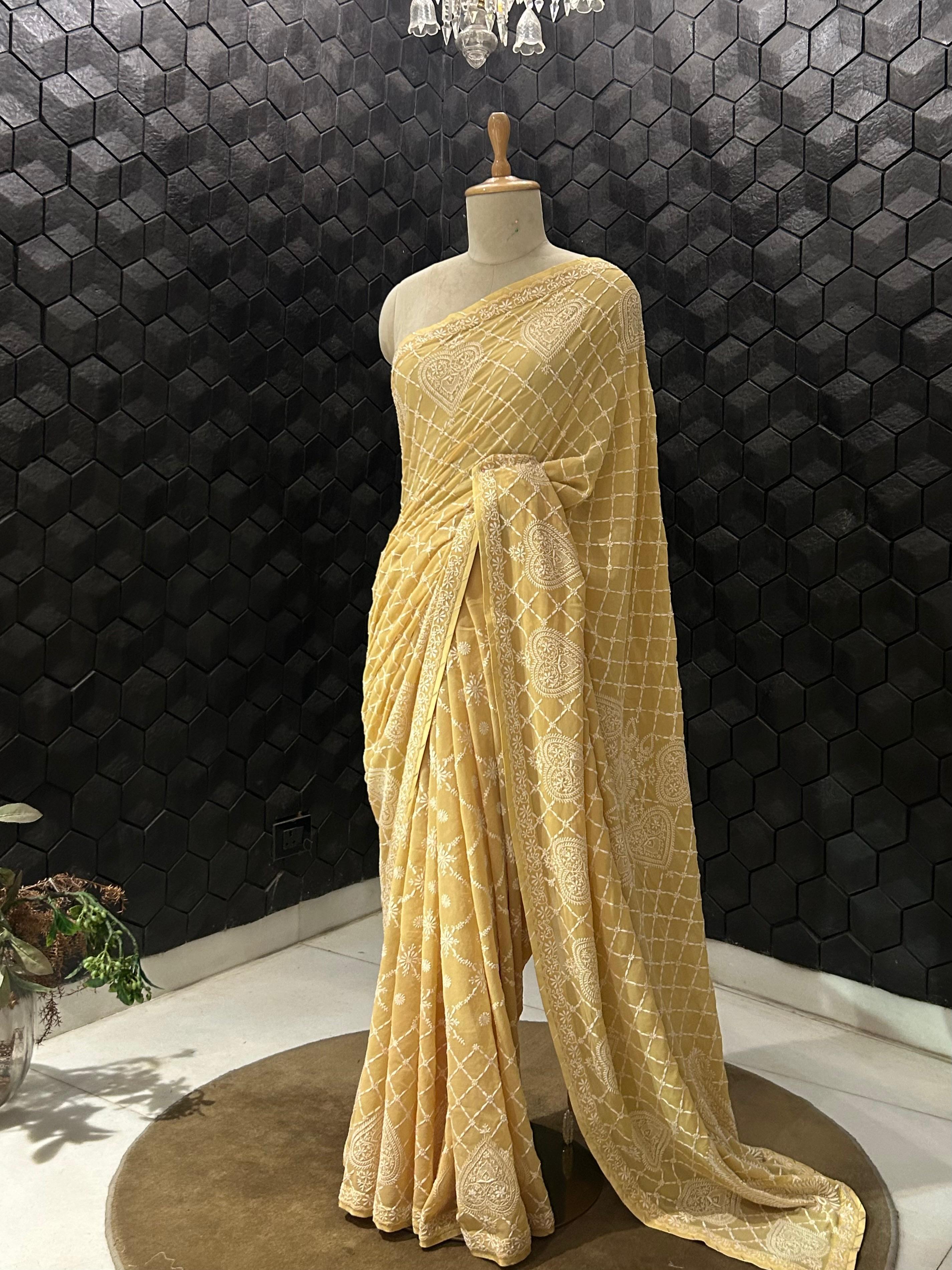 Mustard georgette chikankari saree