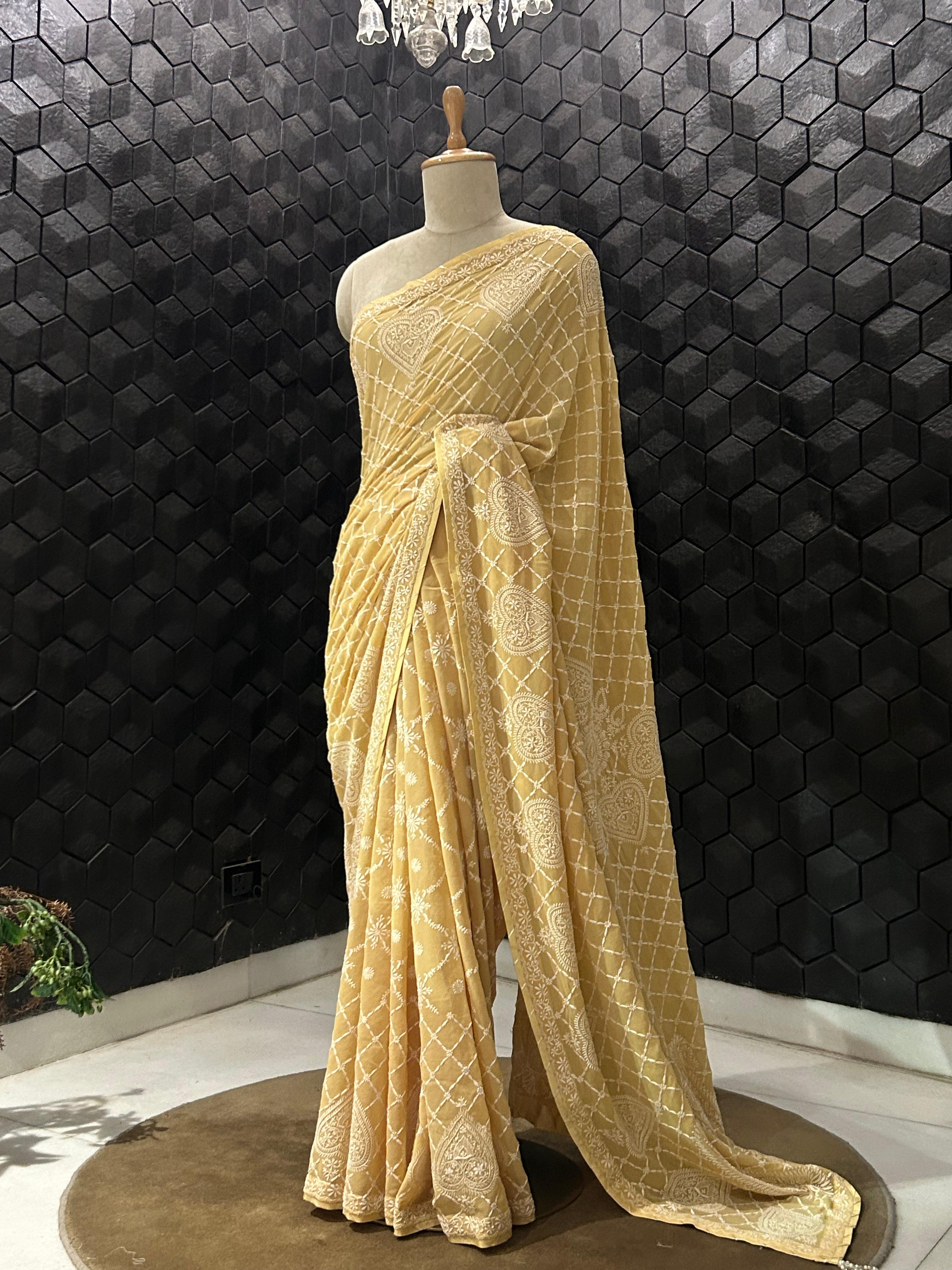 Mustard georgette chikankari saree