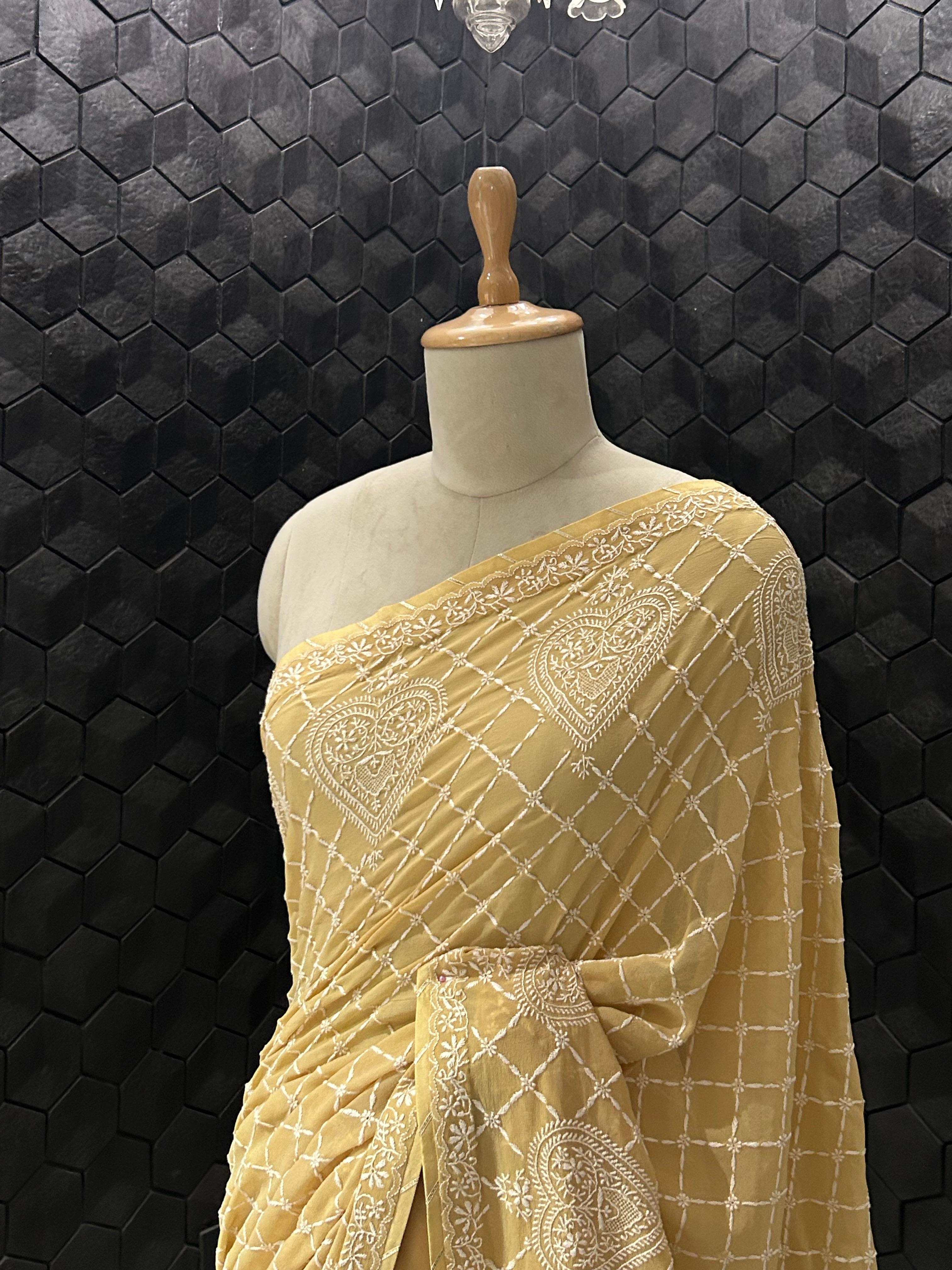 Mustard georgette chikankari saree
