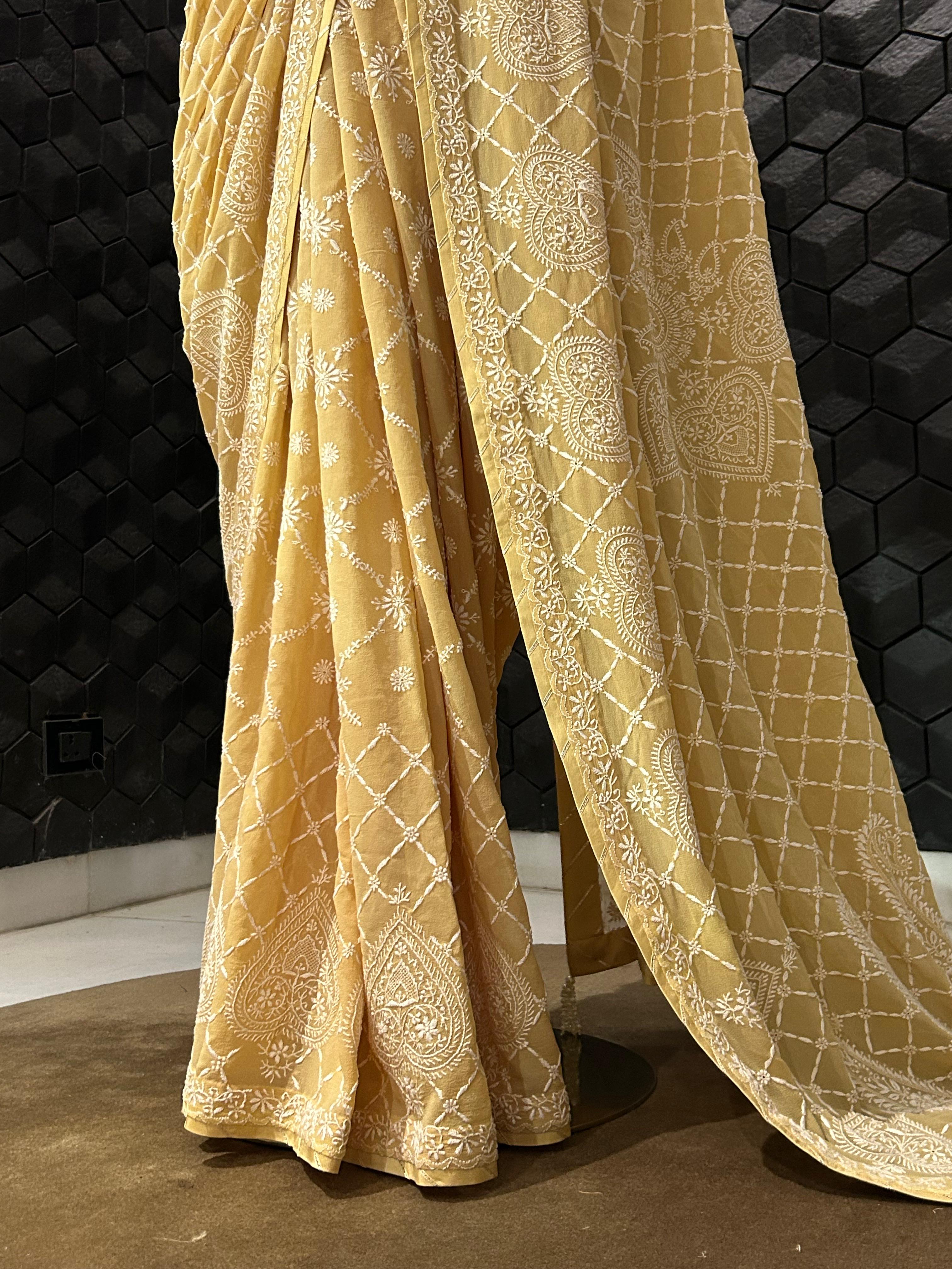 Mustard georgette chikankari saree