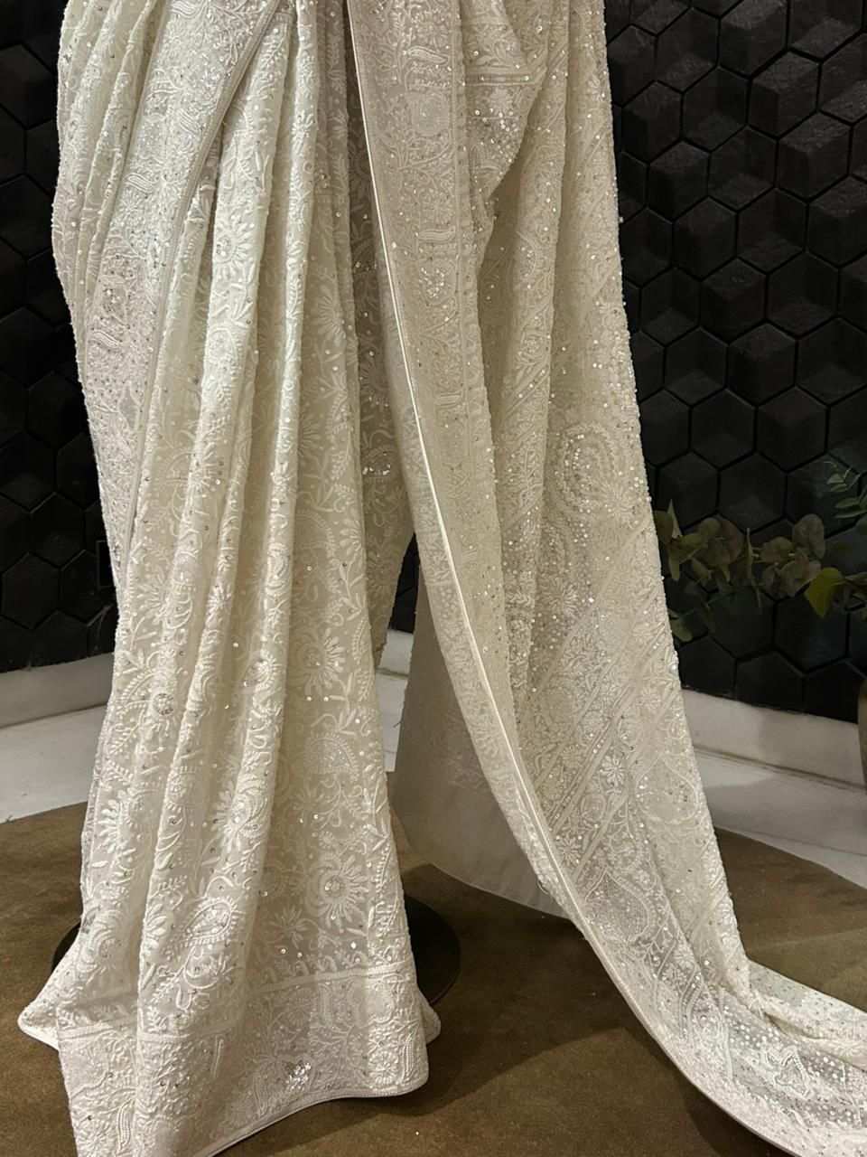 White georgette chikankari saree