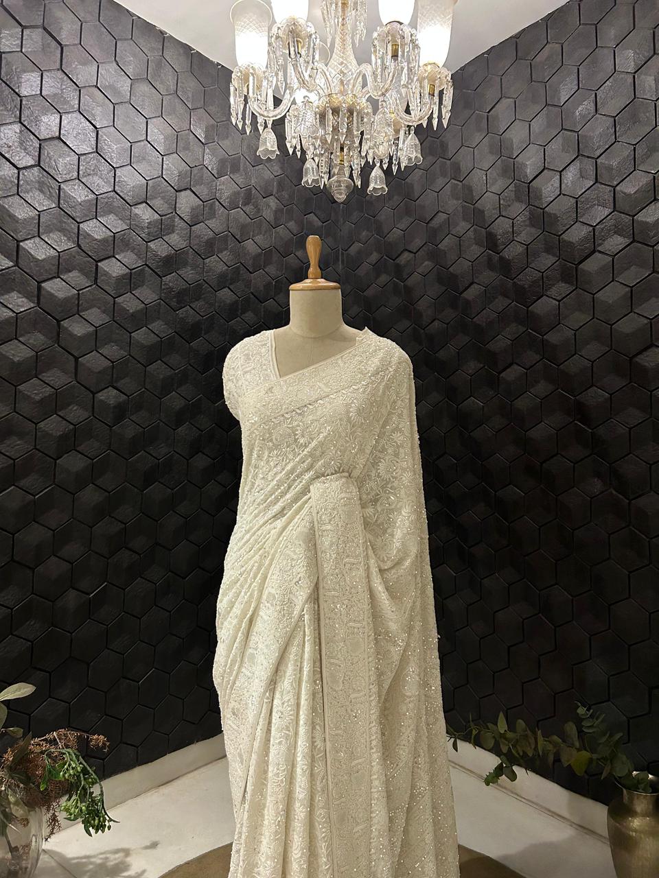 White georgette chikankari saree
