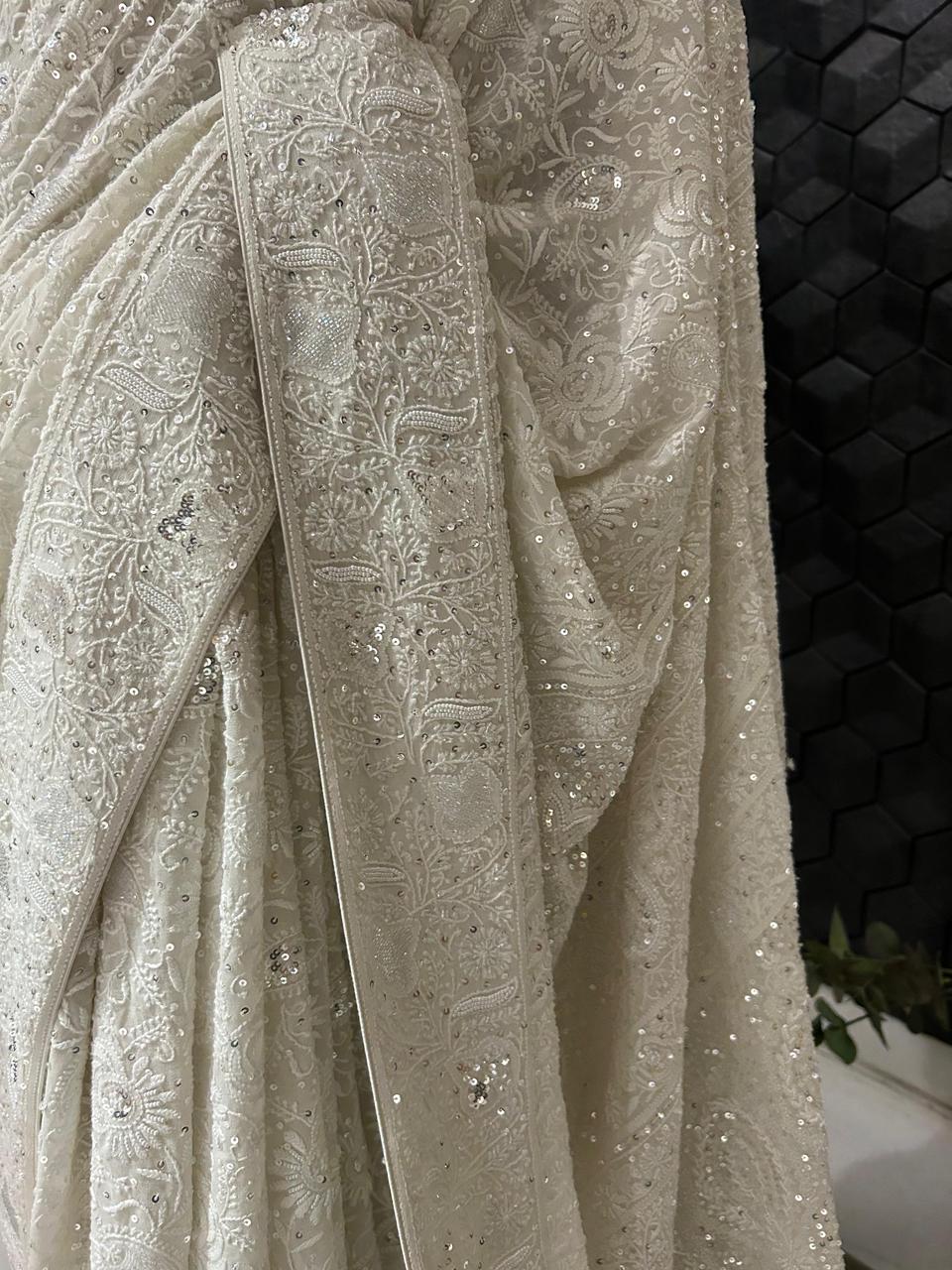 White georgette chikankari saree
