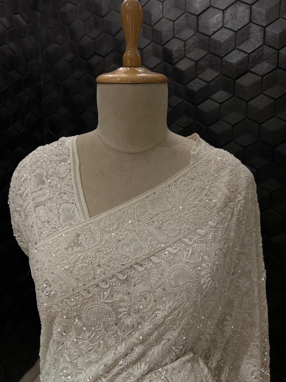 White georgette chikankari saree