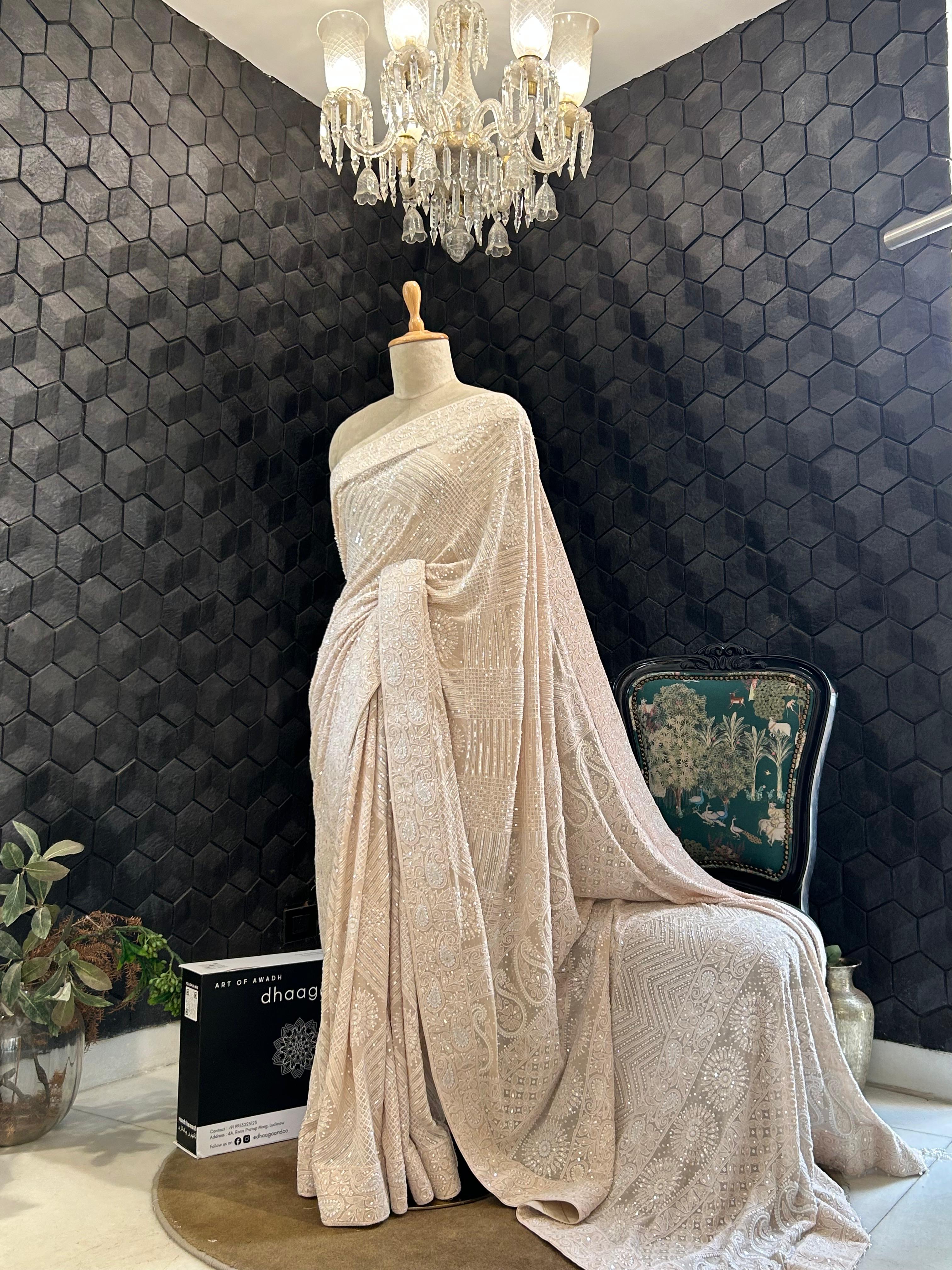 Champagne georgette chikankari saree