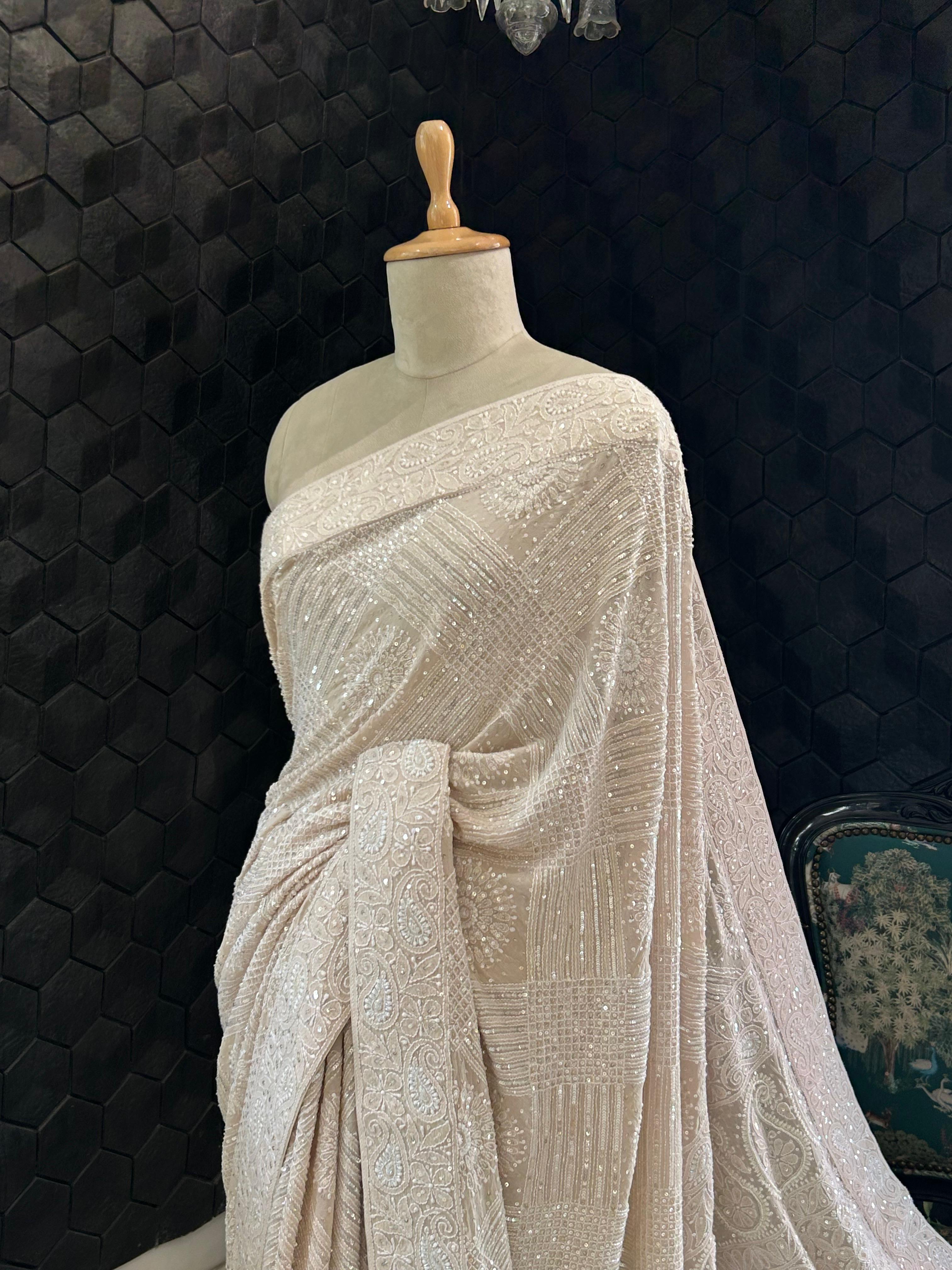 Champagne georgette chikankari saree