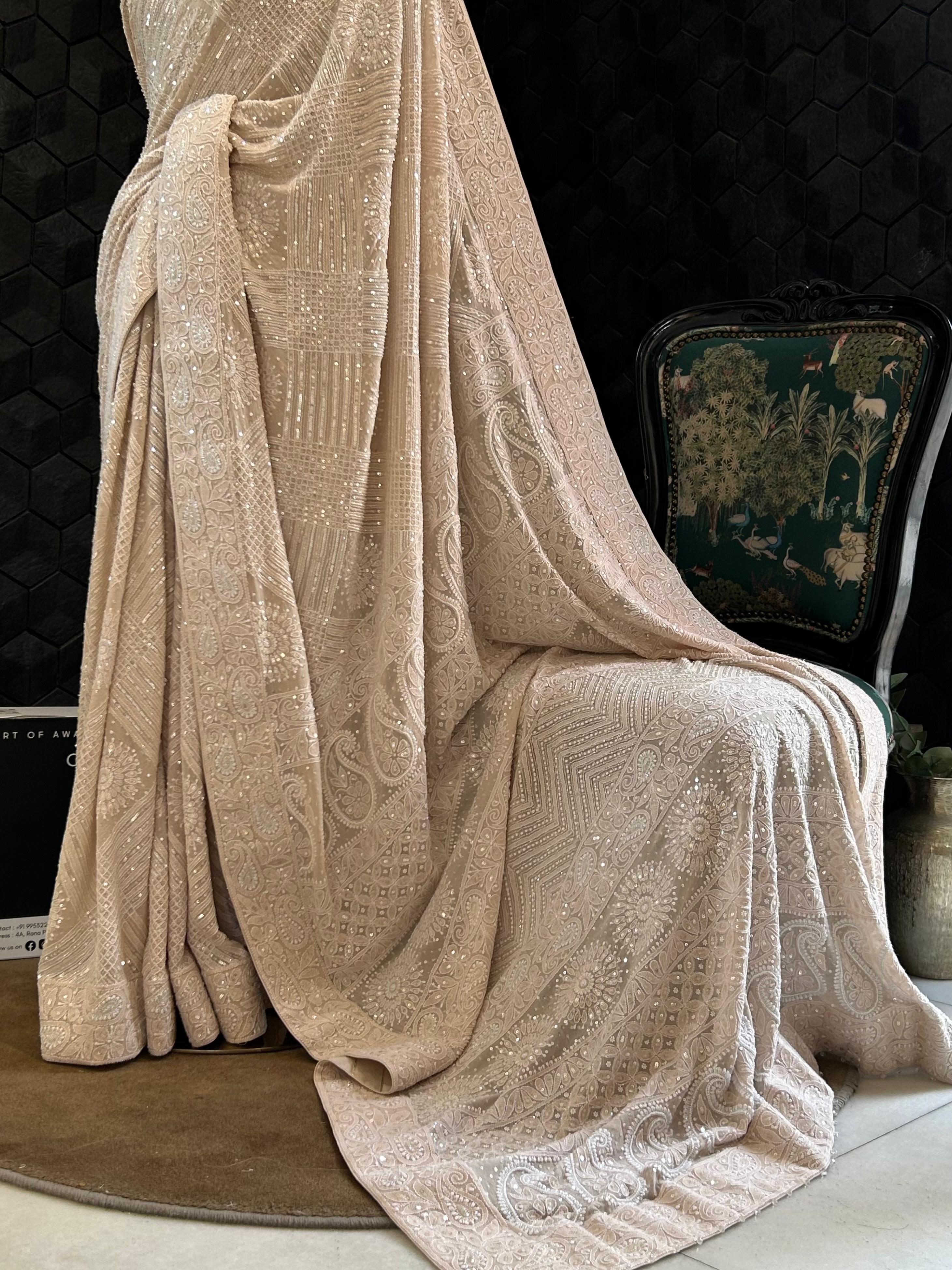 Champagne georgette chikankari saree