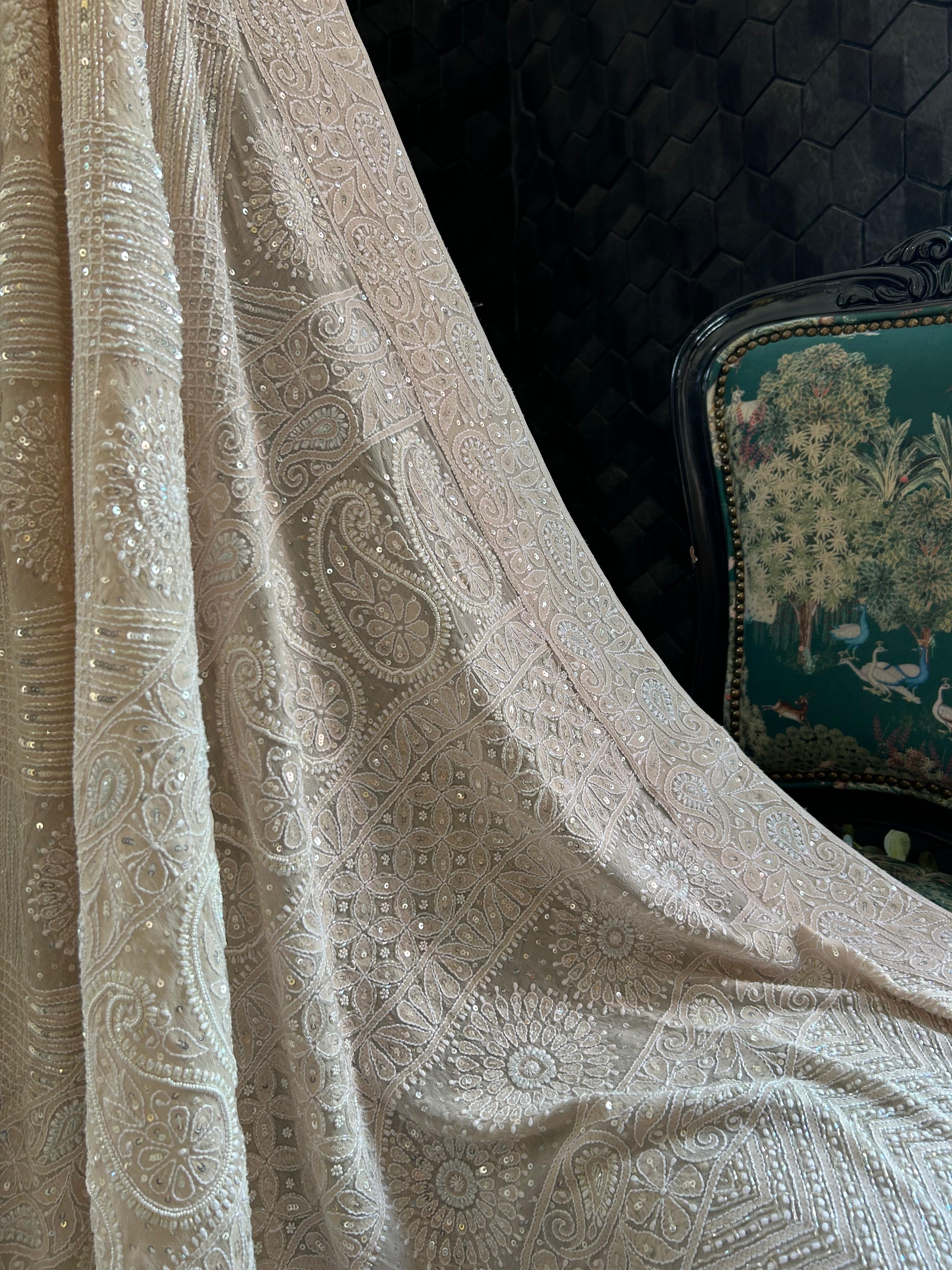 Champagne georgette chikankari saree