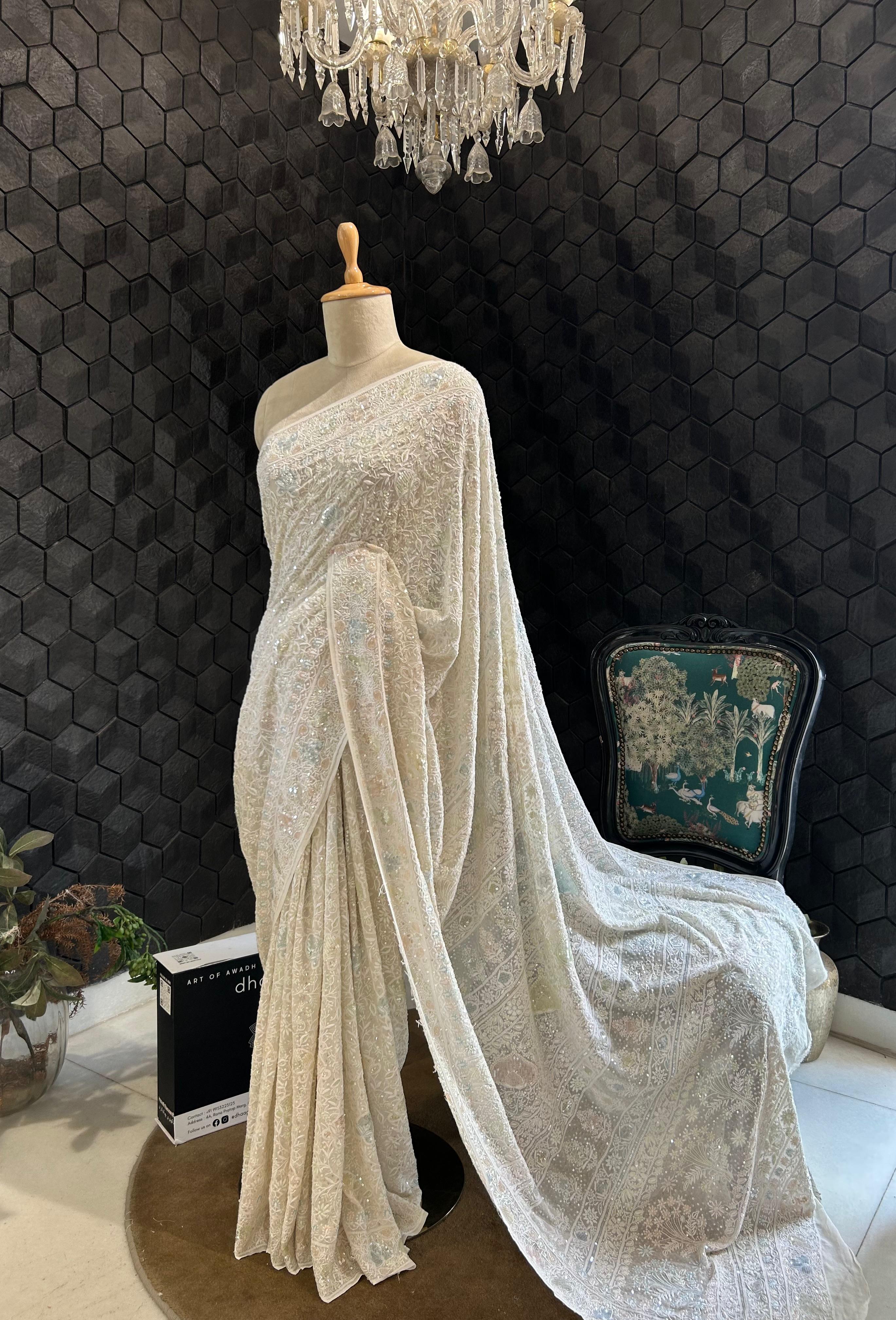 Off - white georgette chikankari saree