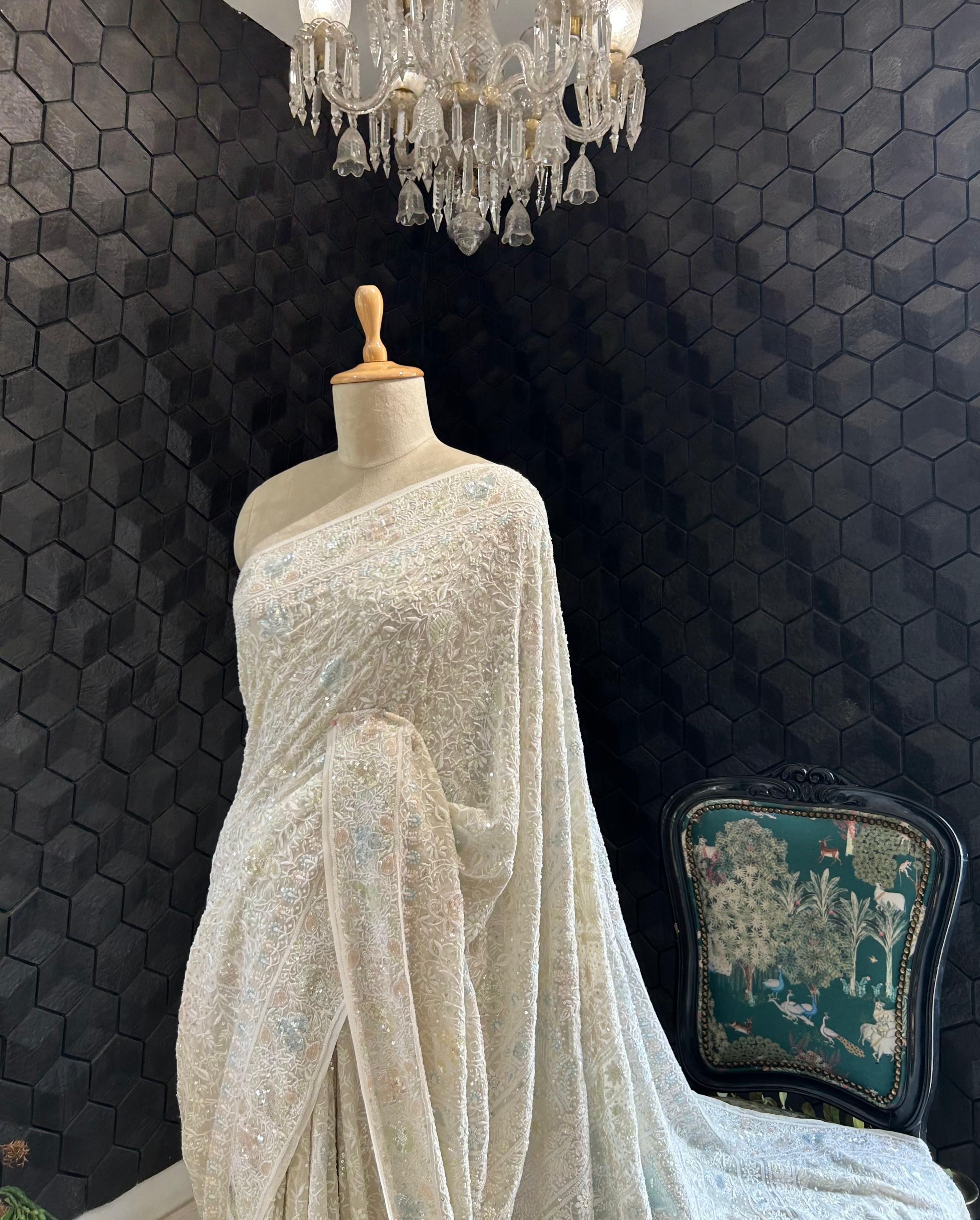 Off - white georgette chikankari saree