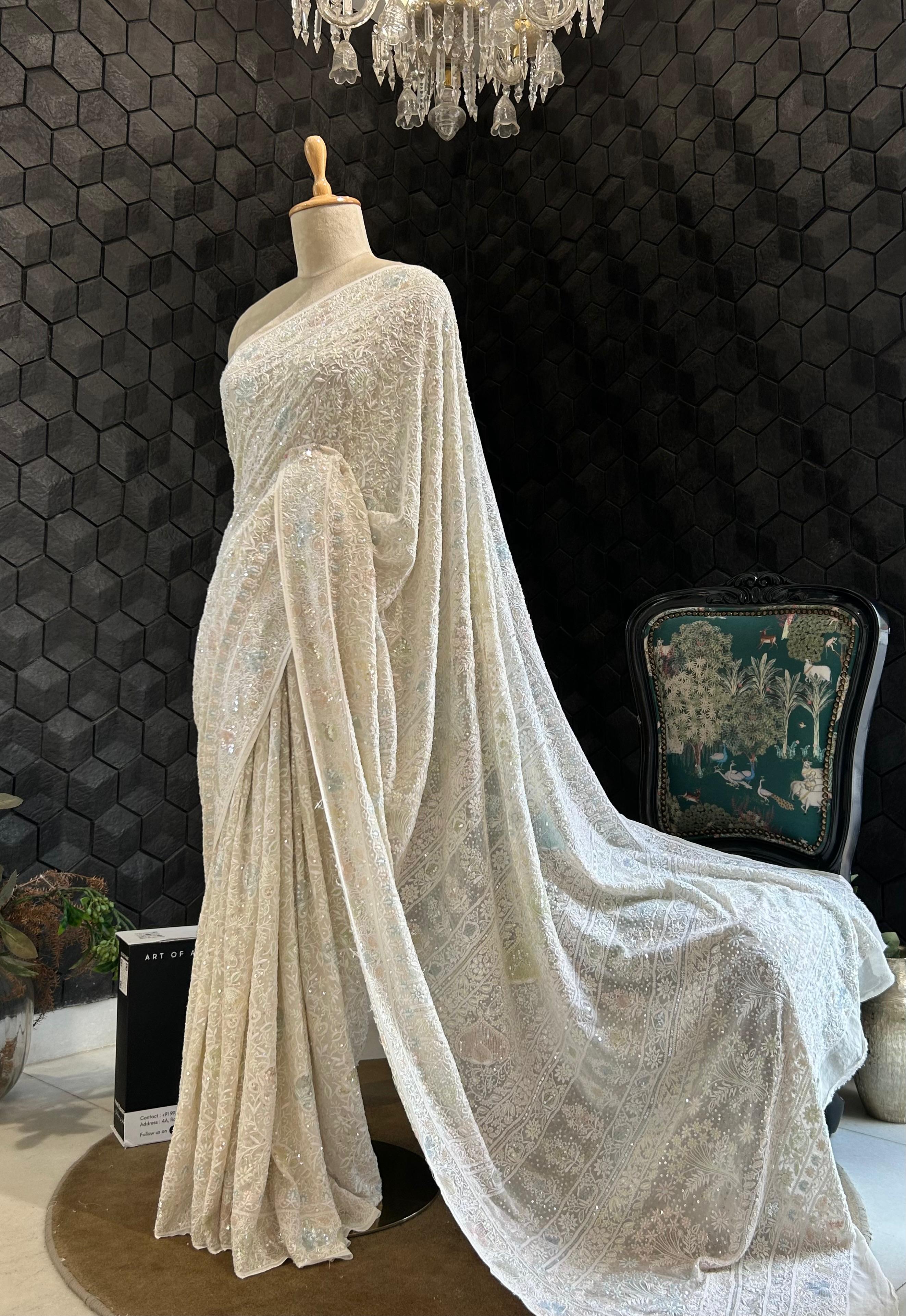 Off - white georgette chikankari saree