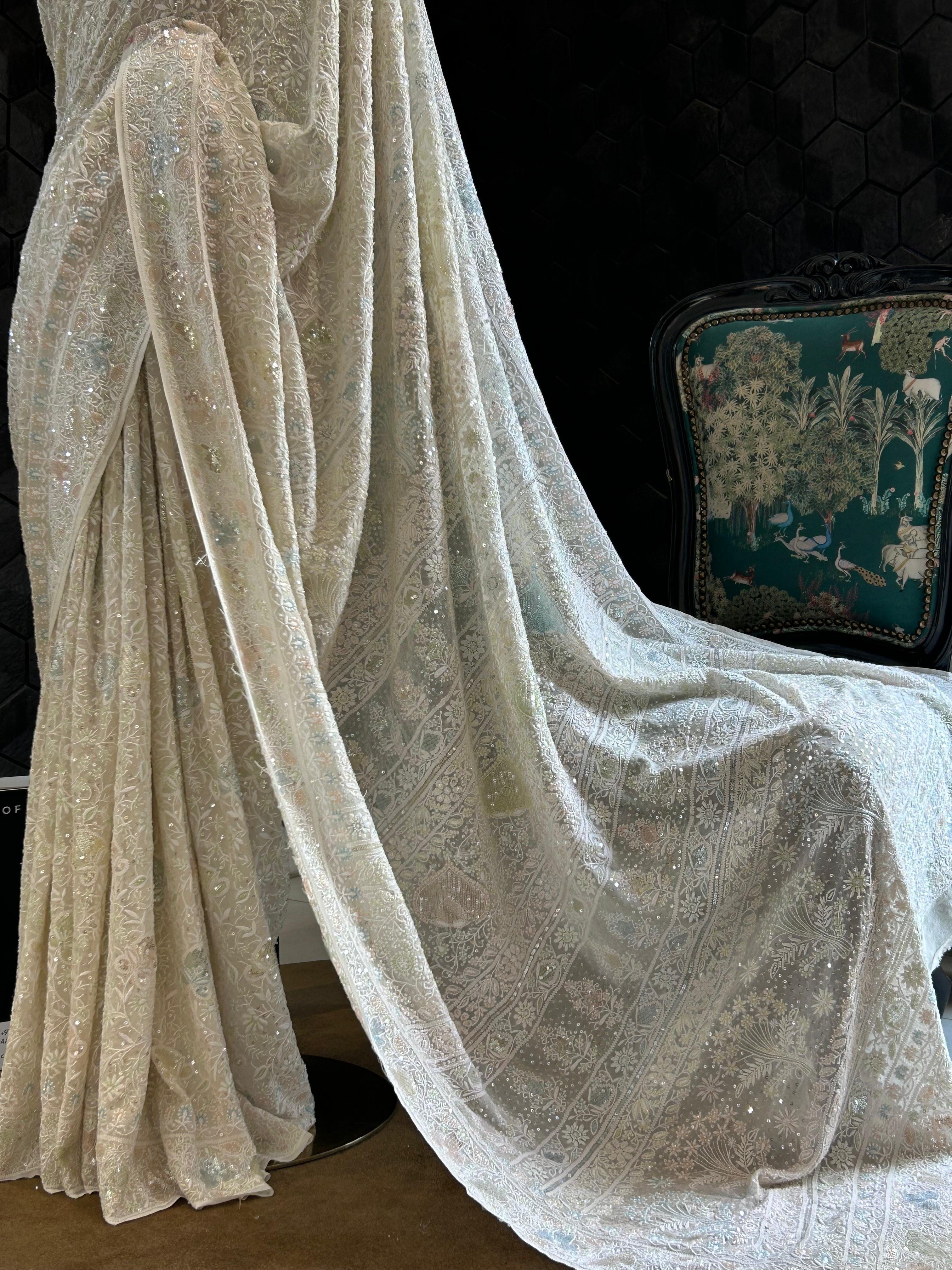 Off - white georgette chikankari saree