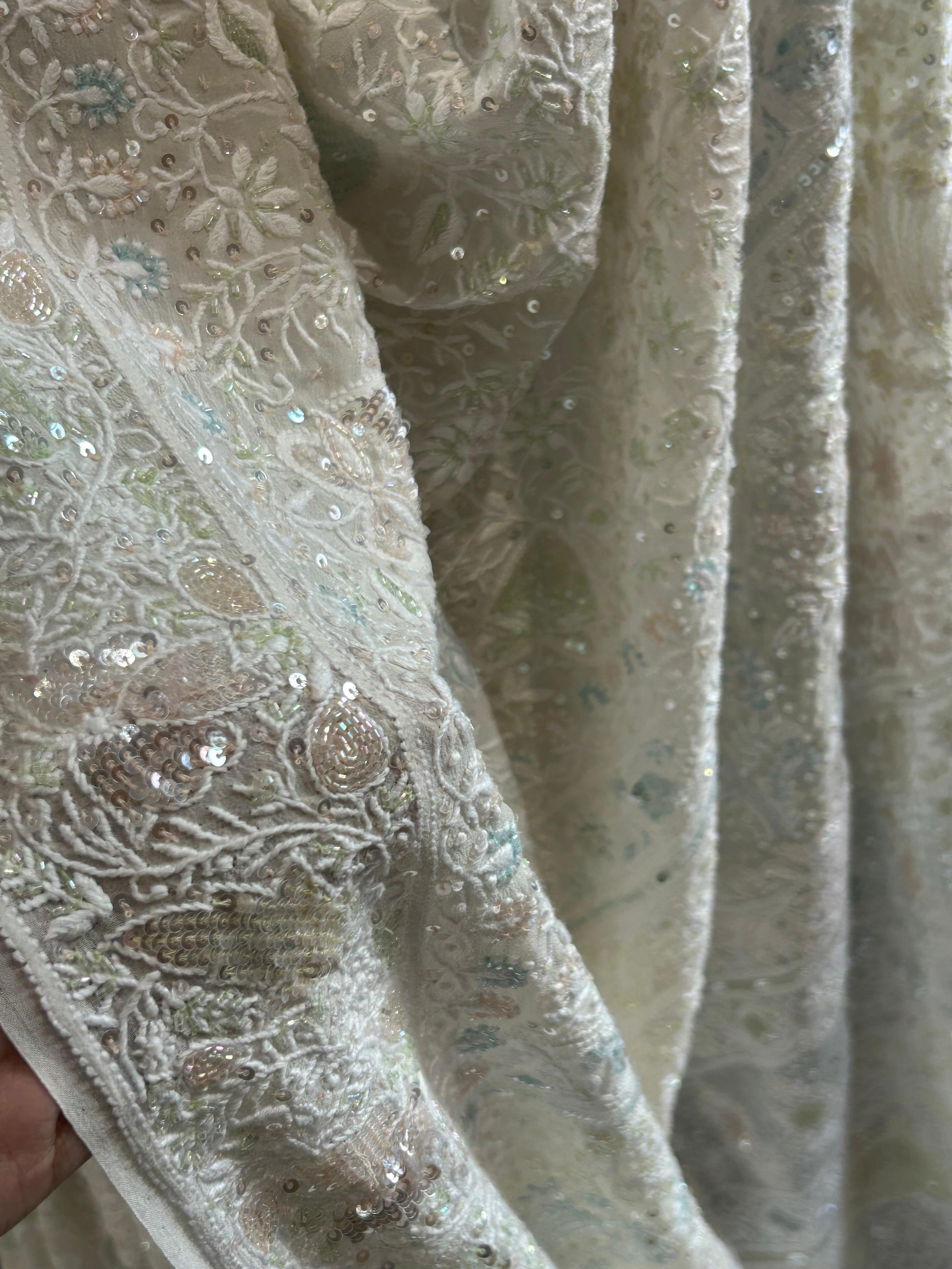 Off - white georgette chikankari saree